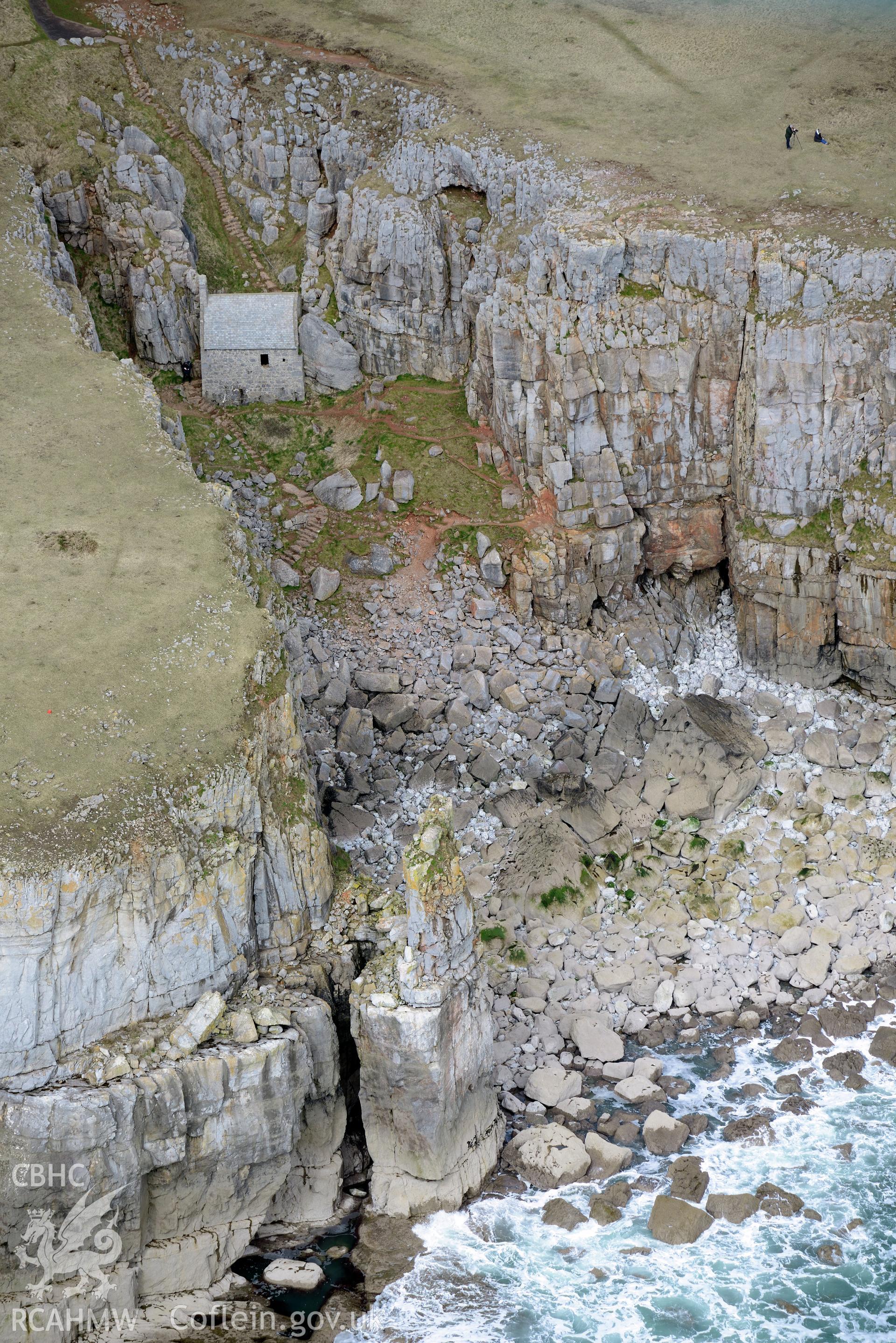 St Govan's Chapel. Baseline aerial reconnaissance survey for the CHERISH Project. ? Crown: CHERISH PROJECT 2018. Produced with EU funds through the Ireland Wales Co-operation Programme 2014-2020. All material made freely available through the Open Government Licence.