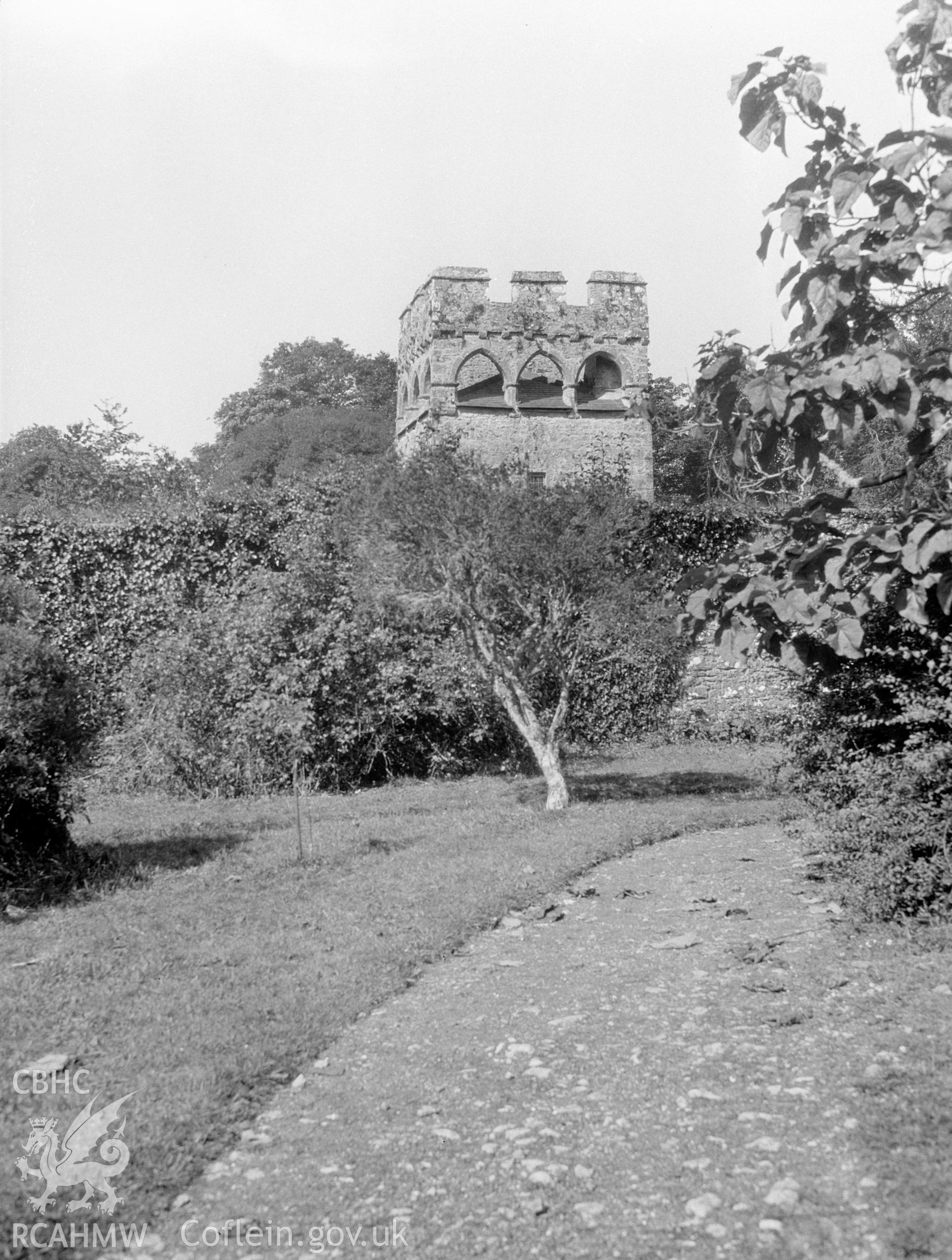 Digital copy of a nitrate negative showing exterior view of Lamphey Bishop's Palace ruins. From the National Building Record Postcard Collection.