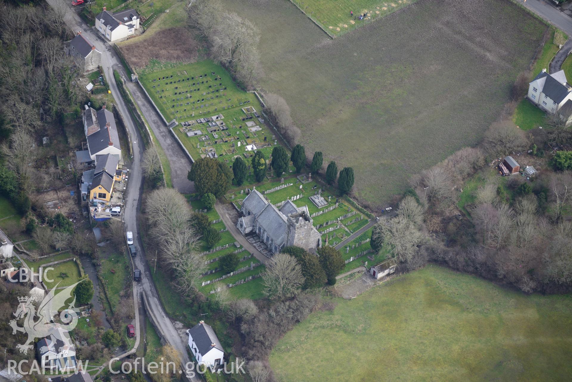 St. Llawddog's church, Cilgerran, near Cardigan. Oblique aerial photograph taken during the Royal Commission's programme of archaeological aerial reconnaissance by Toby Driver on 13th March 2015.