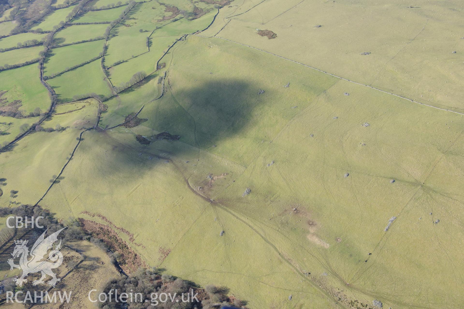 Bryn Cysegrfa pillow mounds, north east of Lampeter. Oblique aerial photograph taken during the Royal Commission's programme of archaeological aerial reconnaissance by Toby Driver on 4th February 2015.