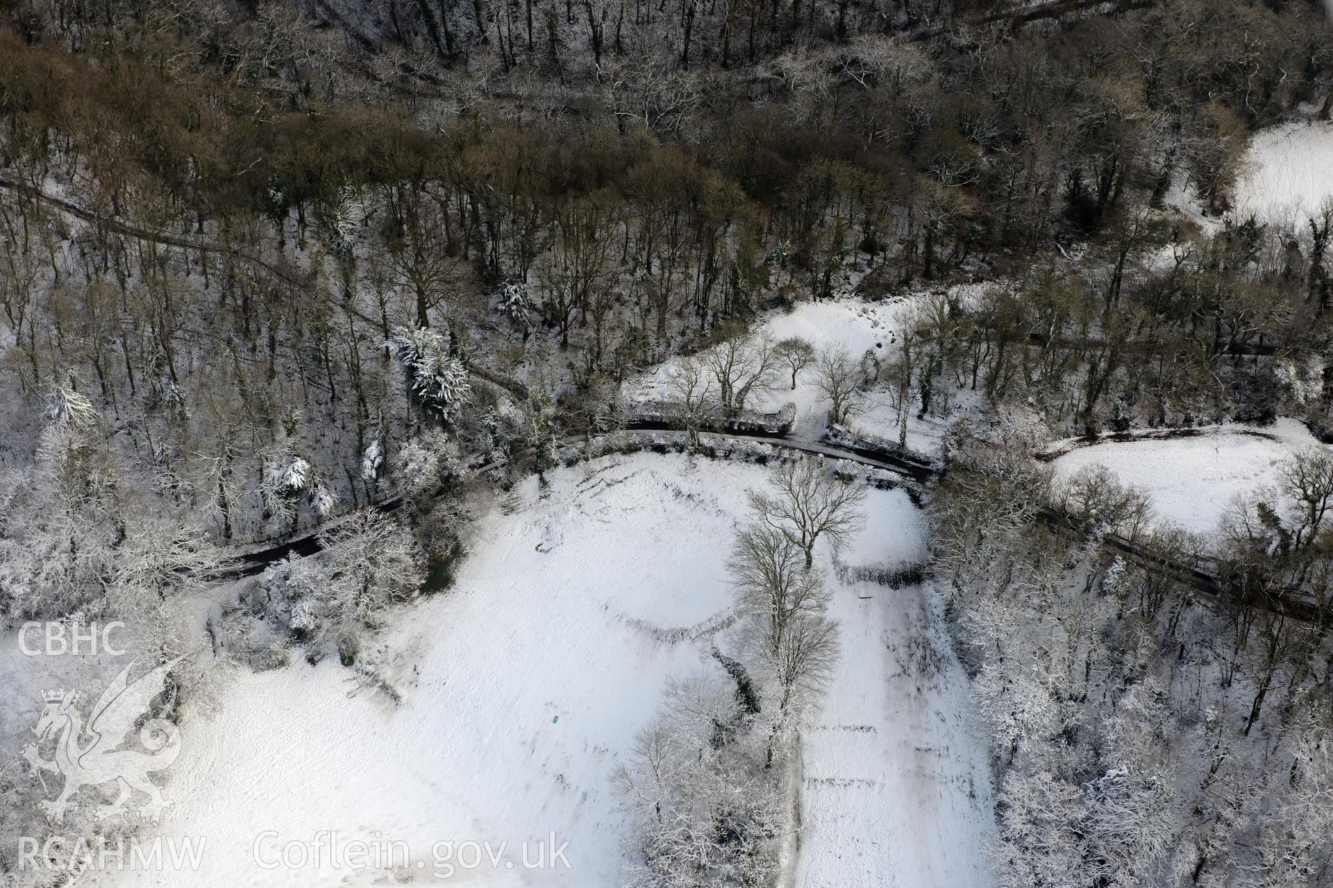 Dinas Powys fort and the Southern Banks defended enclosure at Dinas Powys, west of Penarth, Cardiff. Oblique aerial photograph taken during the Royal Commission?s programme of archaeological aerial reconnaissance by Toby Driver on 24th January 2013.