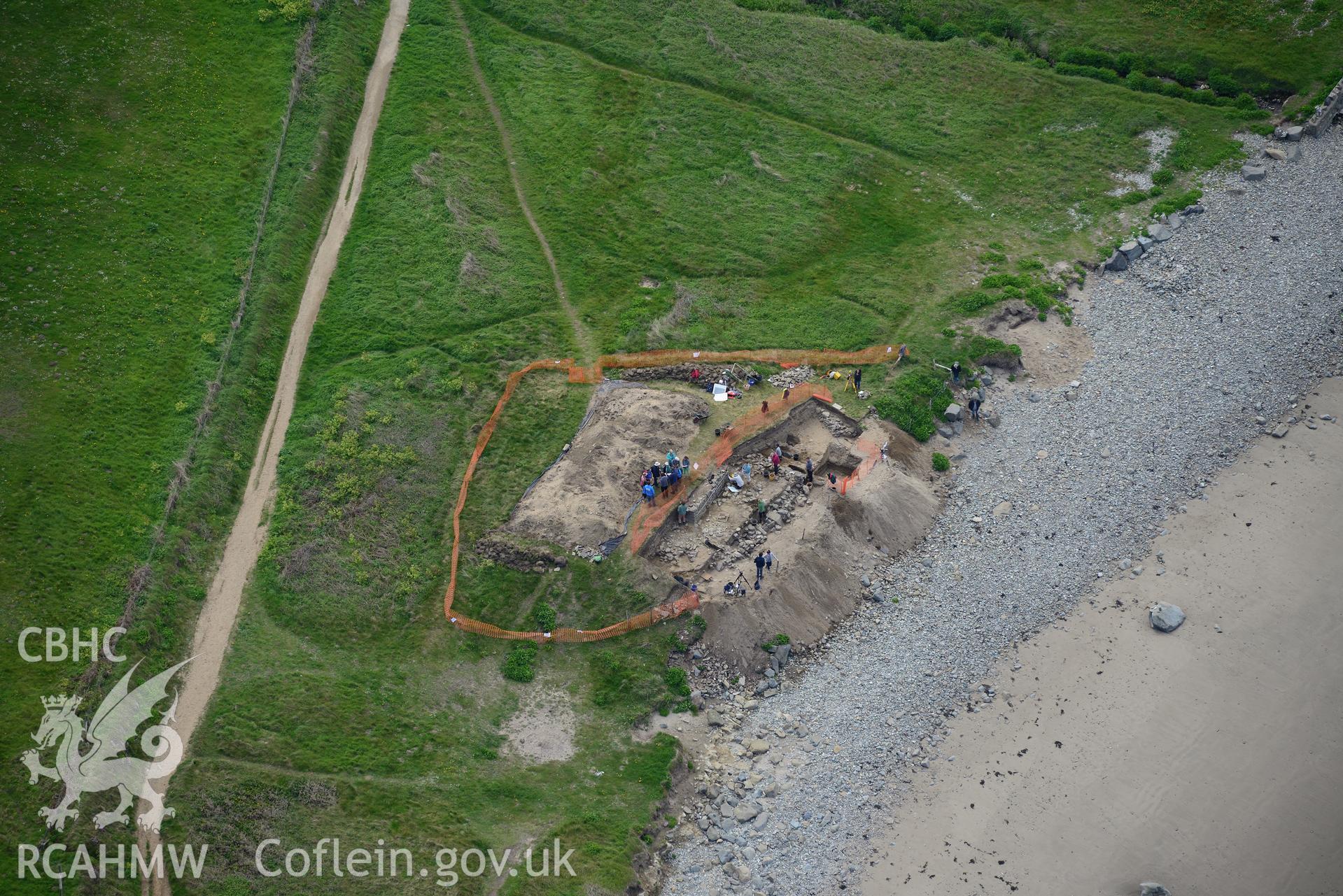 Dyfed Archaeological Trust excavating site of St. Patrick's chapel at Whitesands Bay. Oblique aerial photograph taken during the Royal Commission's programme of archaeological aerial reconnaissance by Toby Driver on 13th May 2015.