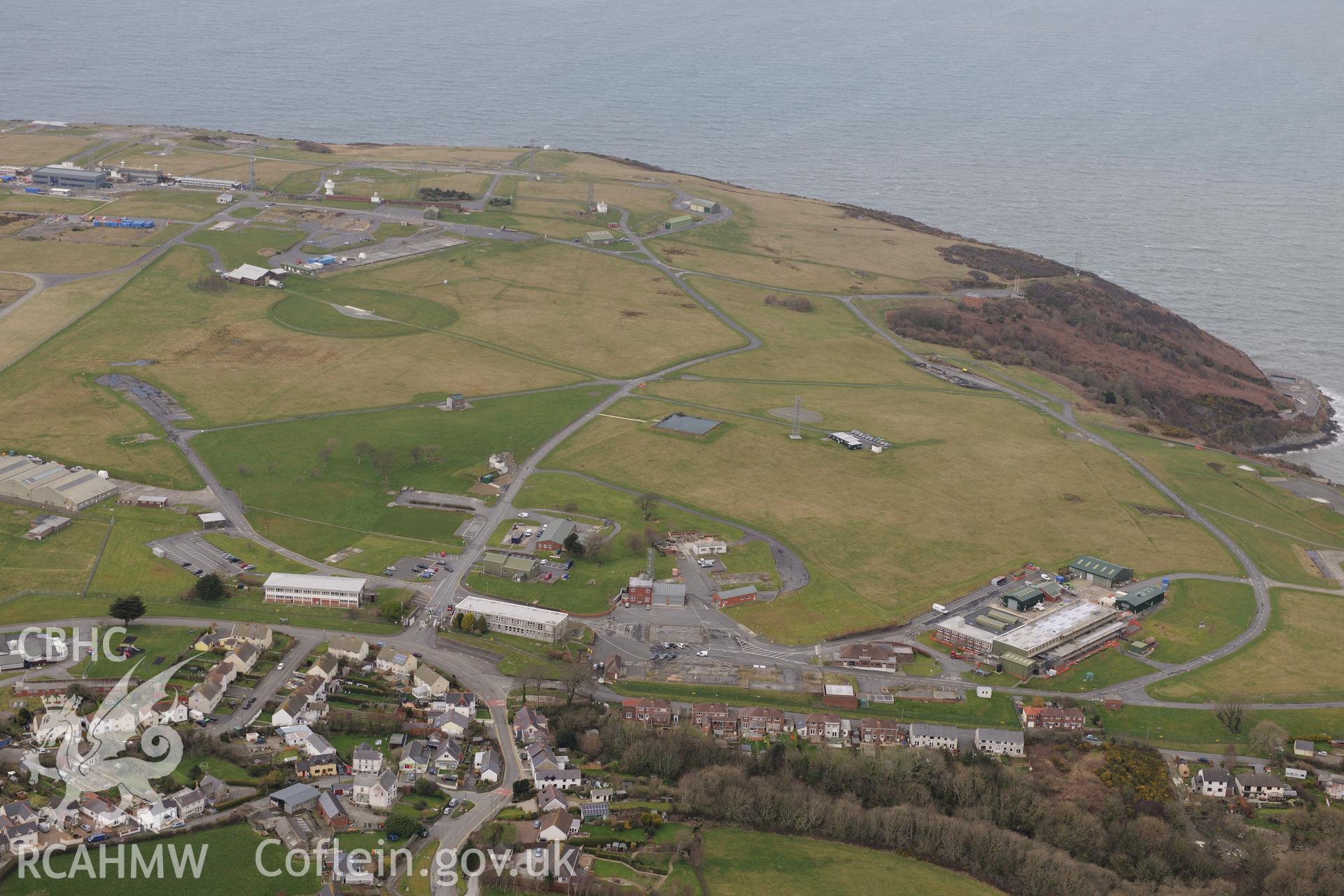 The Defence Evaluation and Research Agency base at Aberporth. Oblique aerial photograph taken during the Royal Commission's programme of archaeological aerial reconnaissance by Toby Driver on 13th March 2015.