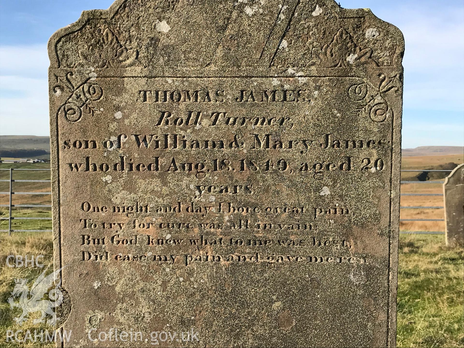 Detailed view of Thomas James' gravestone at the Tredegar Ironworks cholera cemetery. Colour photograph taken by Paul R. Davis on 24th October 2018. Transcript: THOMAS JAMES, ROLL TURNER, son of William & Mary James who died Aug. 18. 1849, aged 20 years.