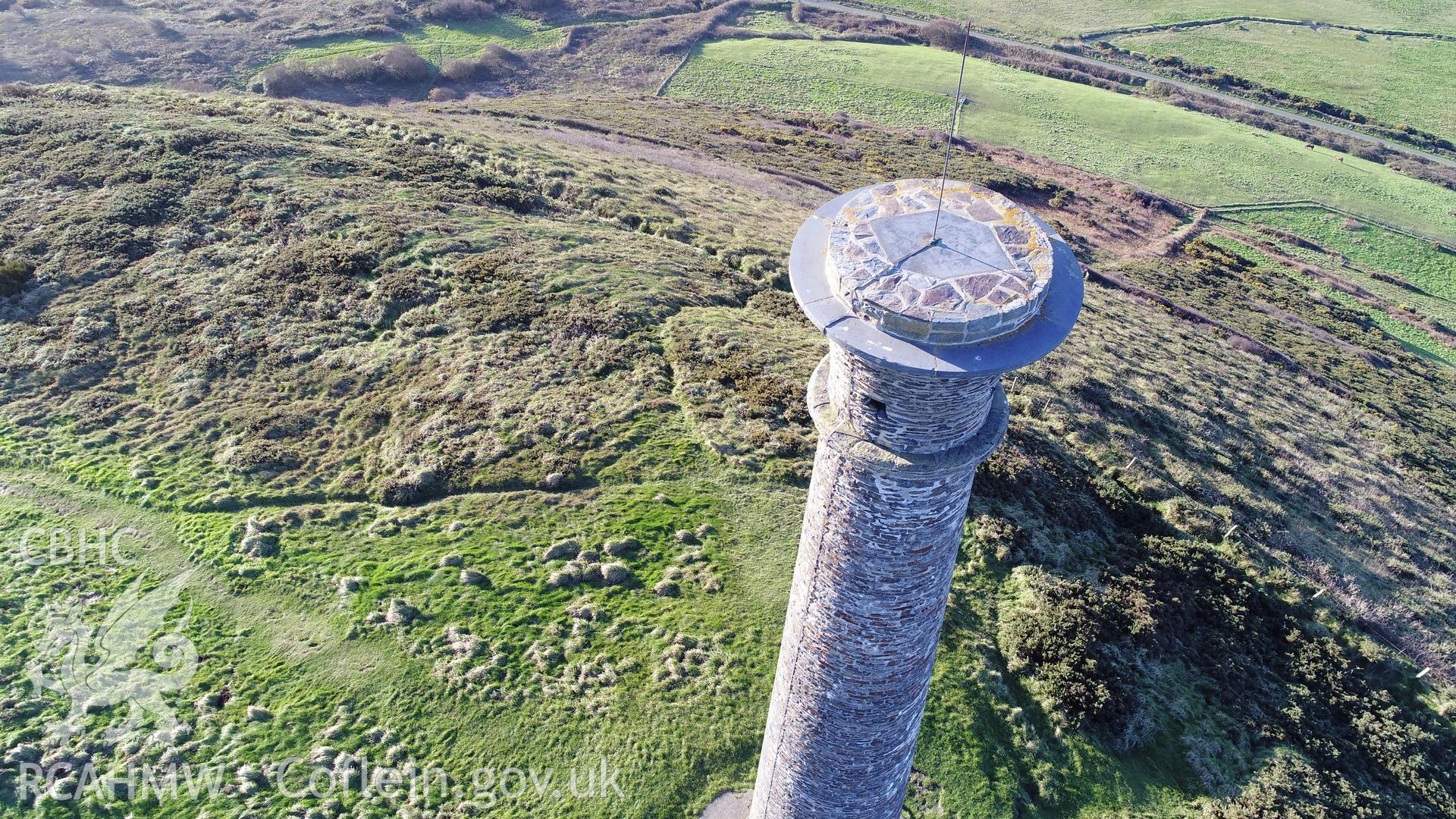 CHERISH Project DJI drone photo survey of Pen Dinas Hillfort and the Wellington Monument. ? Crown: CHERISH PROJECT 2017. Produced with EU funds through the Ireland Wales Co-operation Programme 2014-2020. All material made freely available through the Open Government Licence.