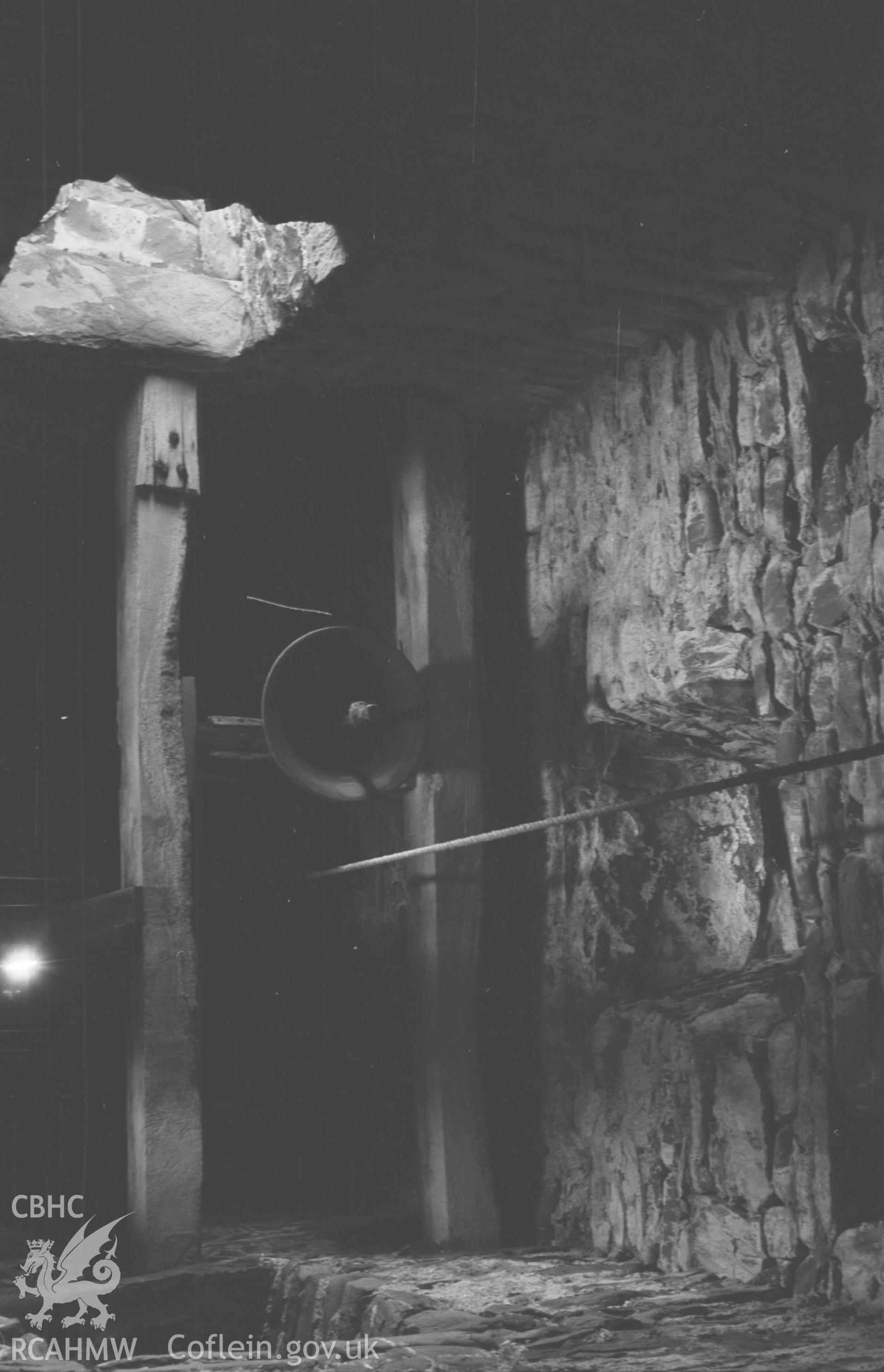 Digital copy of a black and white negative looking up at the bell in the bell chamber in the tower at St. David's Church, Llanddewi Aberarth. Photographed by Arthur O. Chater on 5th September 1966 from Grid Reference SN 4766 6329.