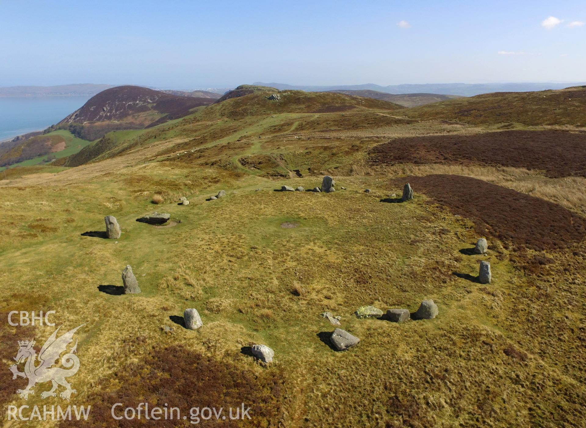 Colour photo of 'The Druid' Circle' or Maeni Hirion near Penmaenmawr, taken by Paul R. Davis, 19th April 2018.