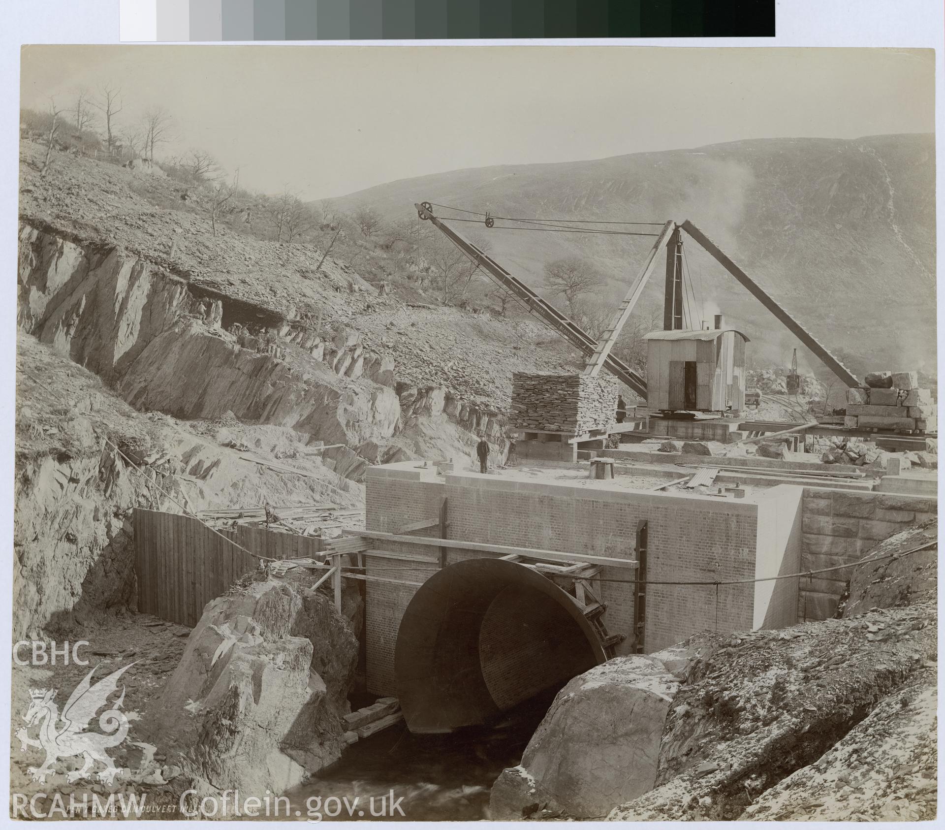 Digital copy of an albumen print from Edward Hubbard Collection showing view of Pen y Garreg Dam culvert inlet.