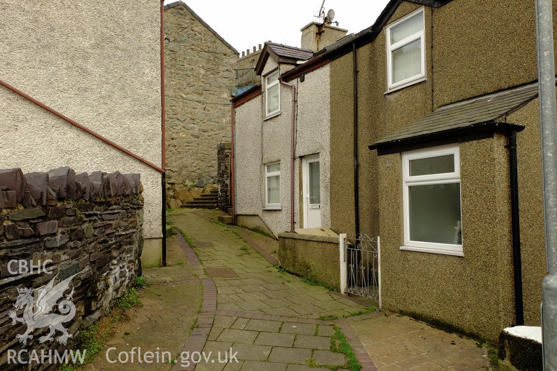 Colour photograph showing view looking north west on John Street, Bethesda, produced by Richard Hayman 7th March 2017