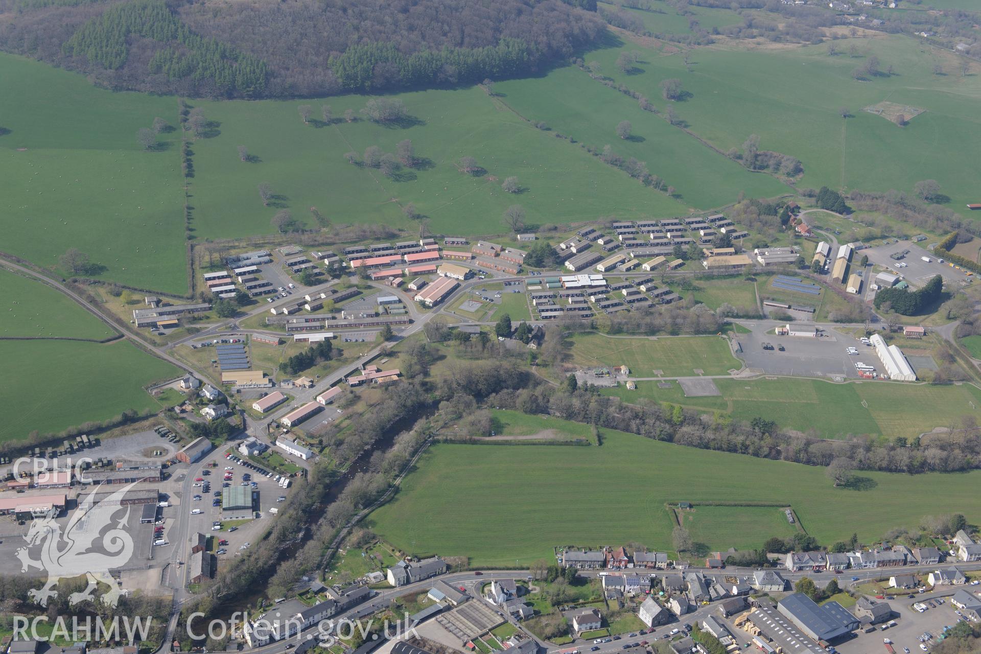Sennybridge Village inclduding Capel Rhyd-y-Briw, Sennybridge Camp and Sennybridge Army Camp. Oblique aerial photograph taken during the Royal Commission's programme of archaeological aerial reconnaissance by Toby Driver on 21st April 2015