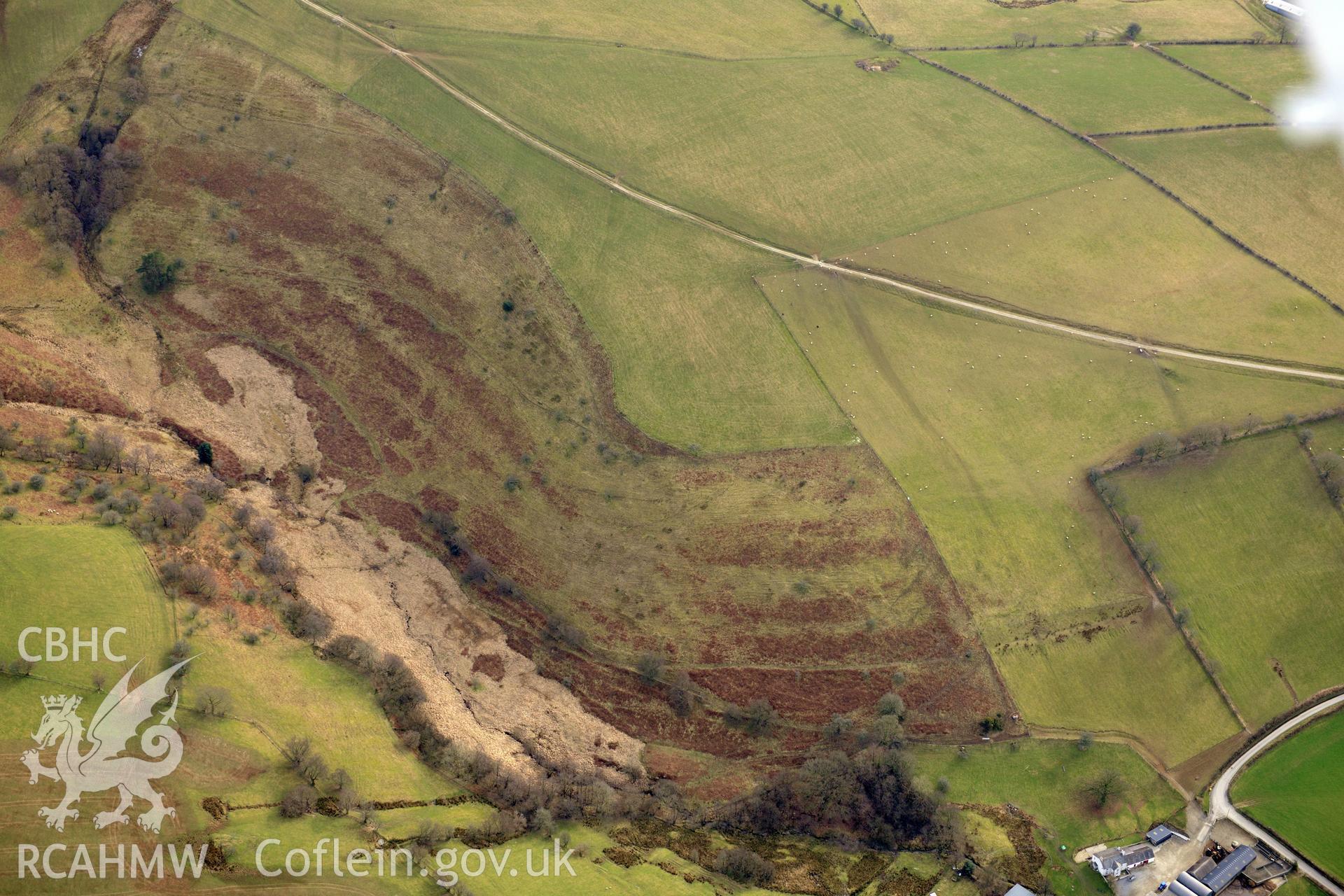 The Dolau Cothi Aqueduct in the Cothi valley, south east of Lampeter. Oblique aerial photograph taken during the Royal Commission?s programme of archaeological aerial reconnaissance by Toby Driver on 28th February 2013.