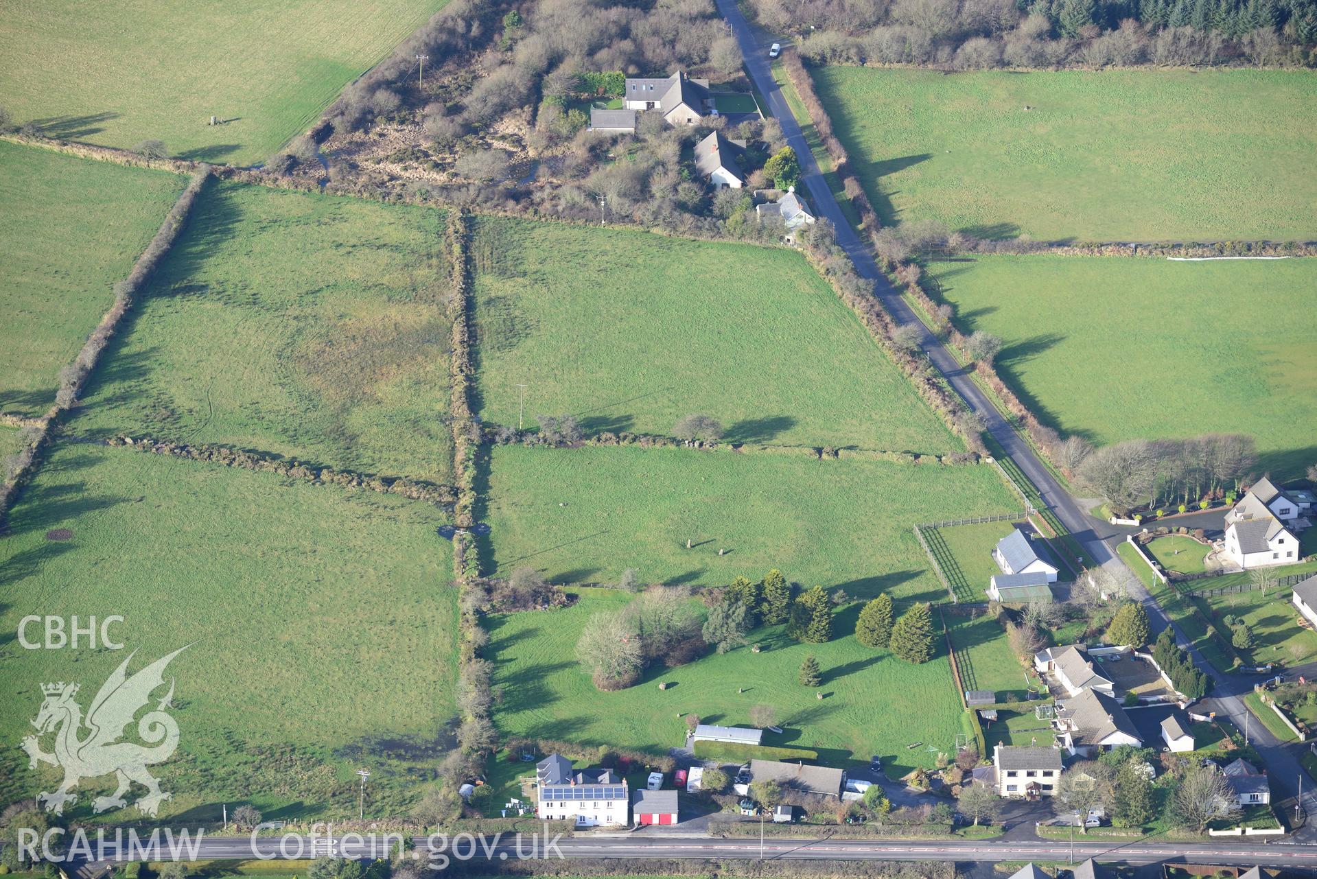 Meiny Gwyr, Glandy Cross Stone Circle. Oblique aerial photograph taken during the Royal Commission's programme of archaeological aerial reconnaissance by Toby Driver on 6th January 2015.