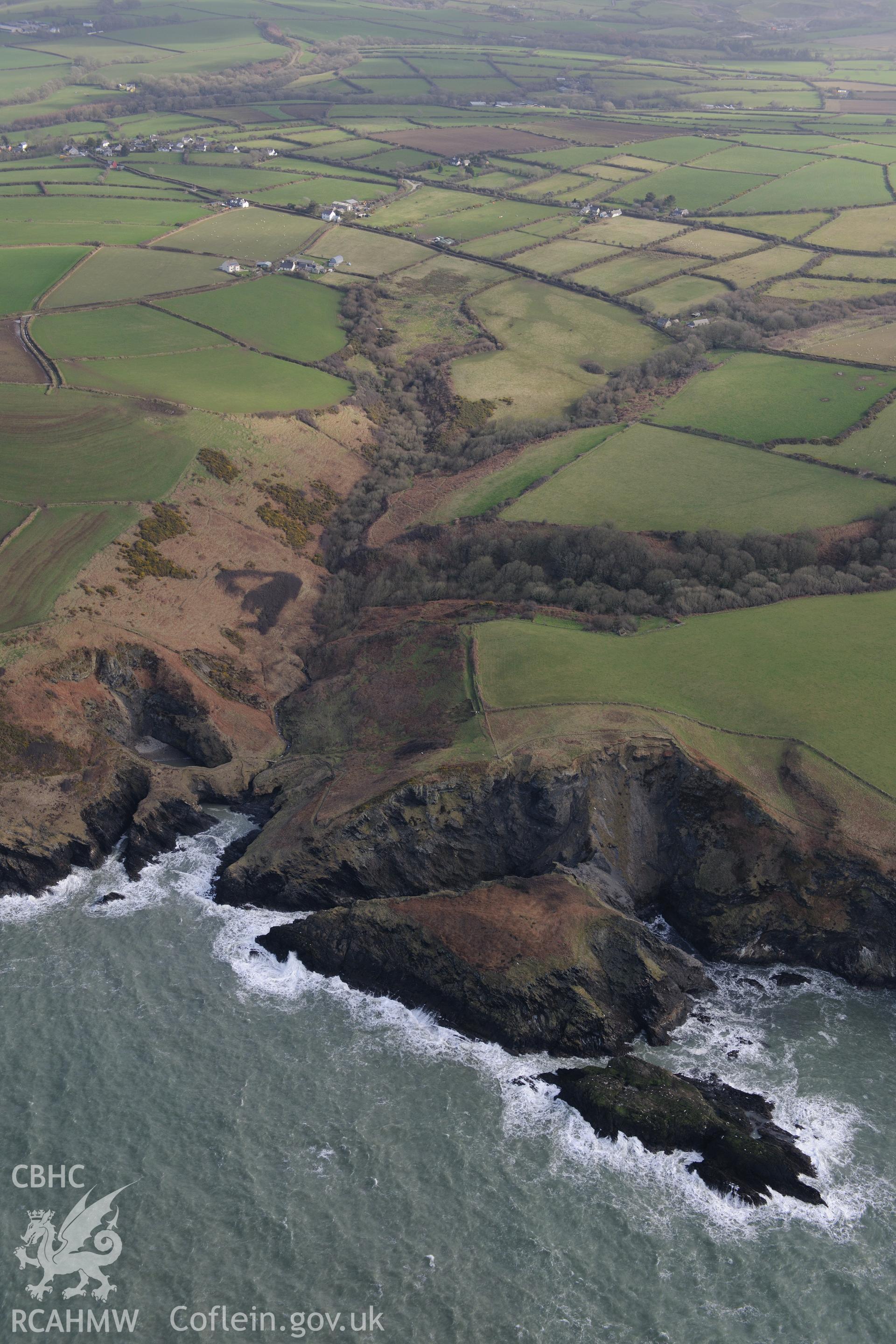 Castell Treruffydd, near Moylgrove, Cardigan. Oblique aerial photograph taken during the Royal Commission's programme of archaeological aerial reconnaissance by Toby Driver on 13th March 2015.