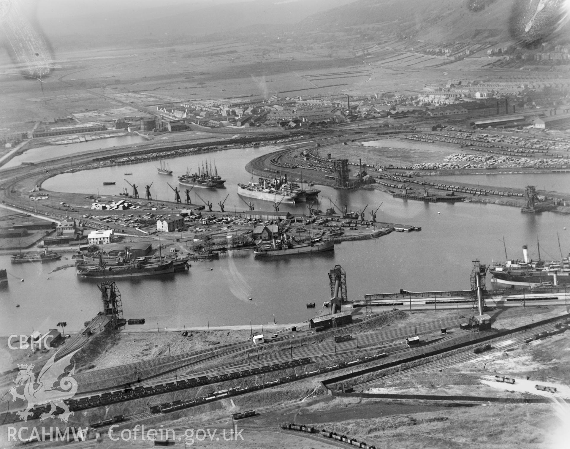 View of Aberavon showing docks, oblique aerial view. 5?x4? black and white glass plate negative.