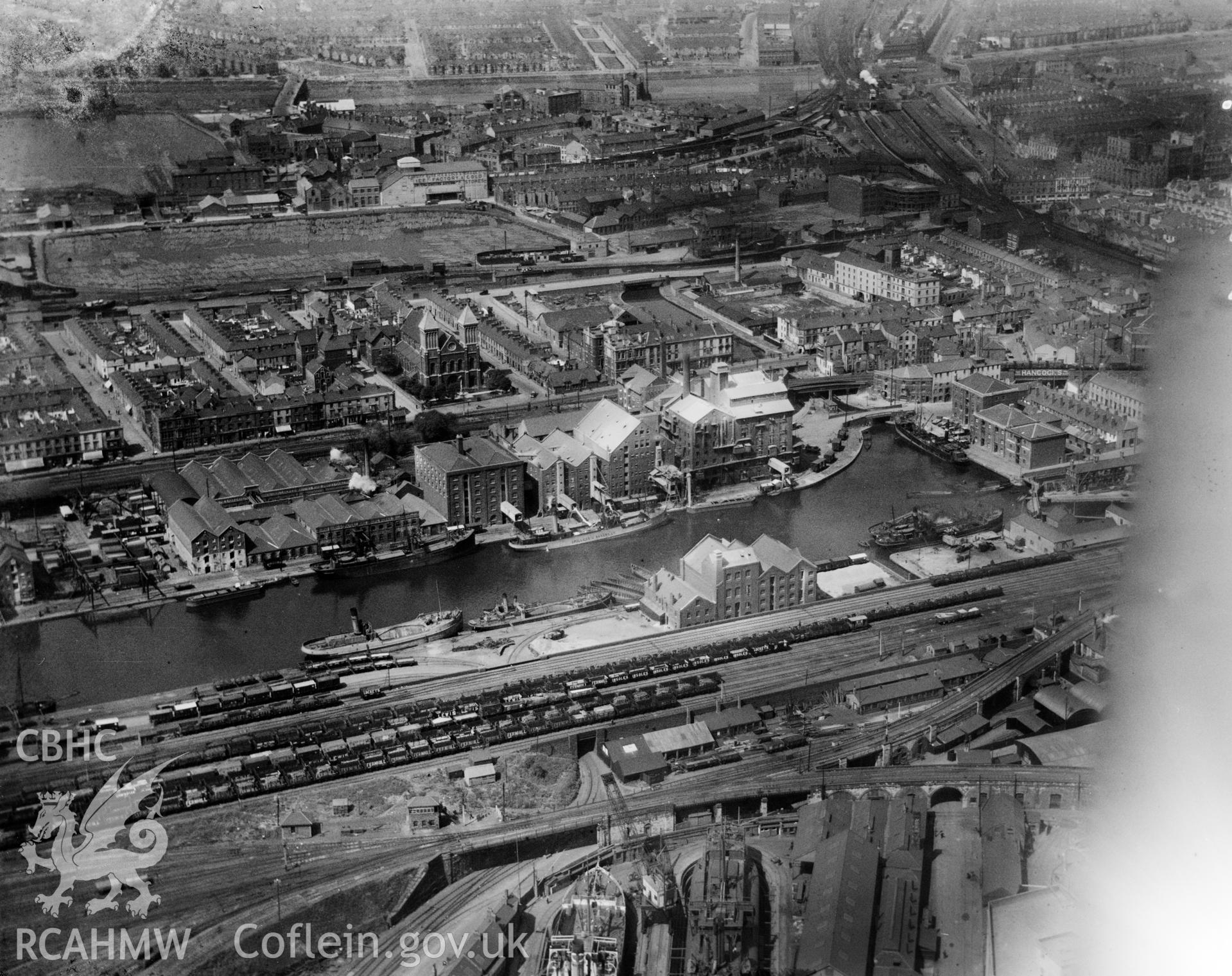 View of Bute West Dock, Cardiff, oblique aerial view. 5?x4? black and white glass plate negative.