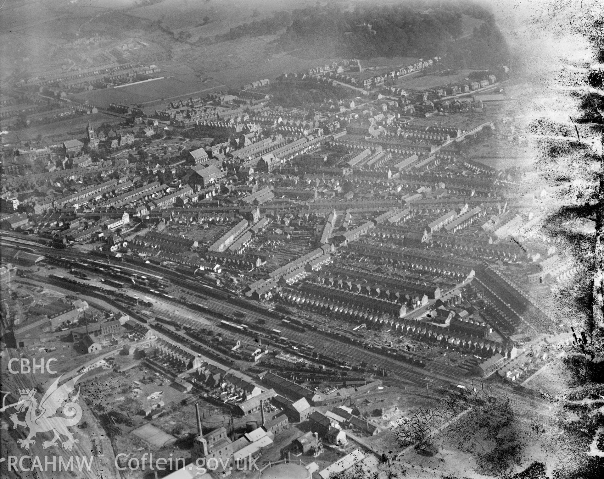 View of Neath, oblique aerial view. 5?x4? black and white glass plate negative.