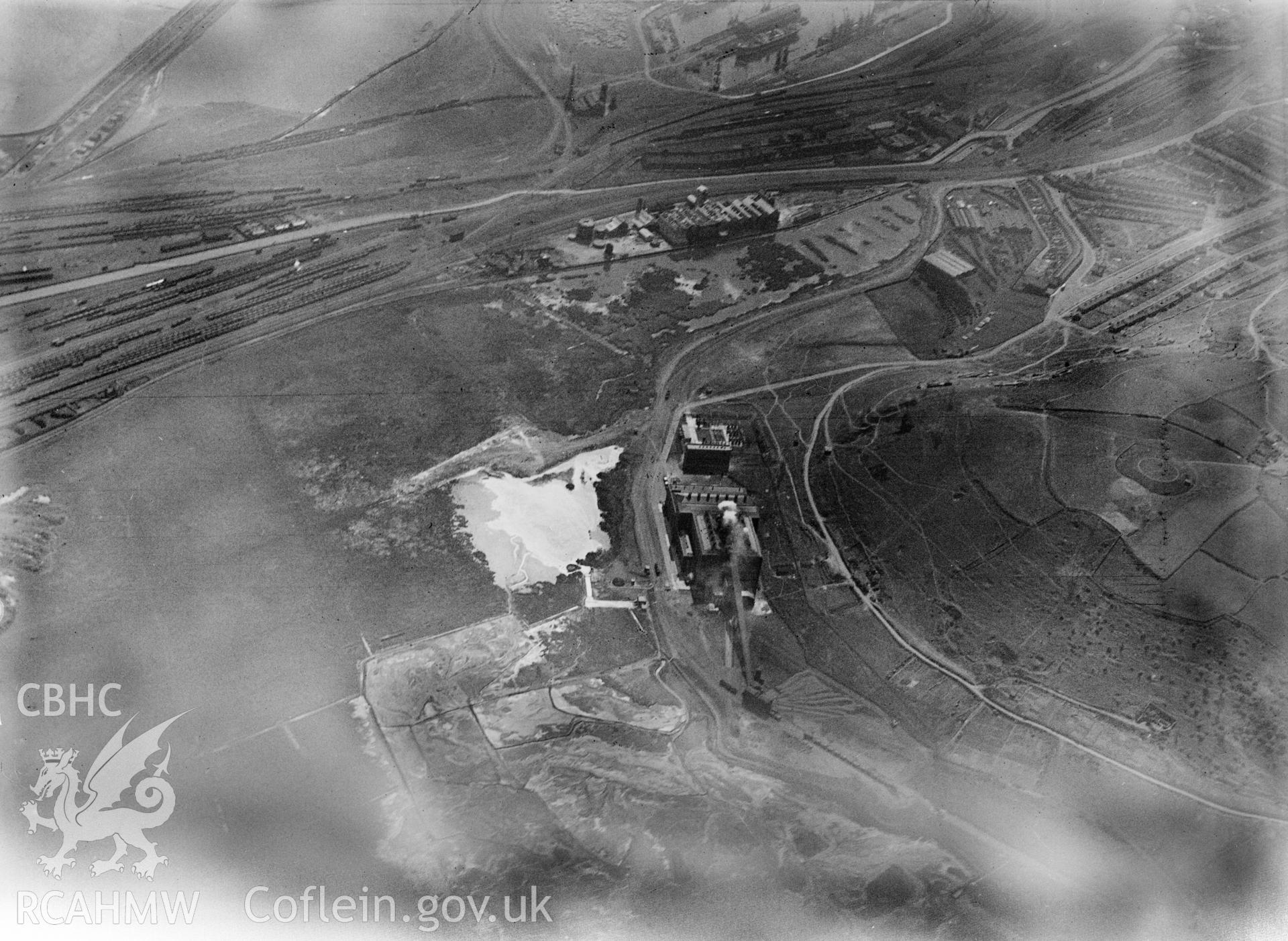 Distant view of Tir John power station, Swansea, oblique aerial view. 5?x4? black and white glass plate negative.