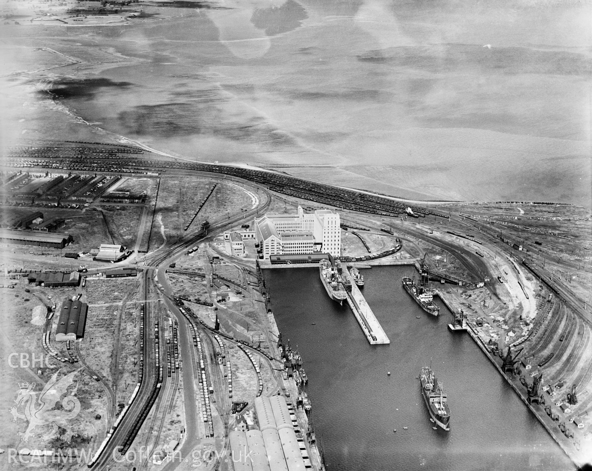 View of Spillers Ltd., Cardiff, oblique aerial view. 5?x4? black and white glass plate negative.