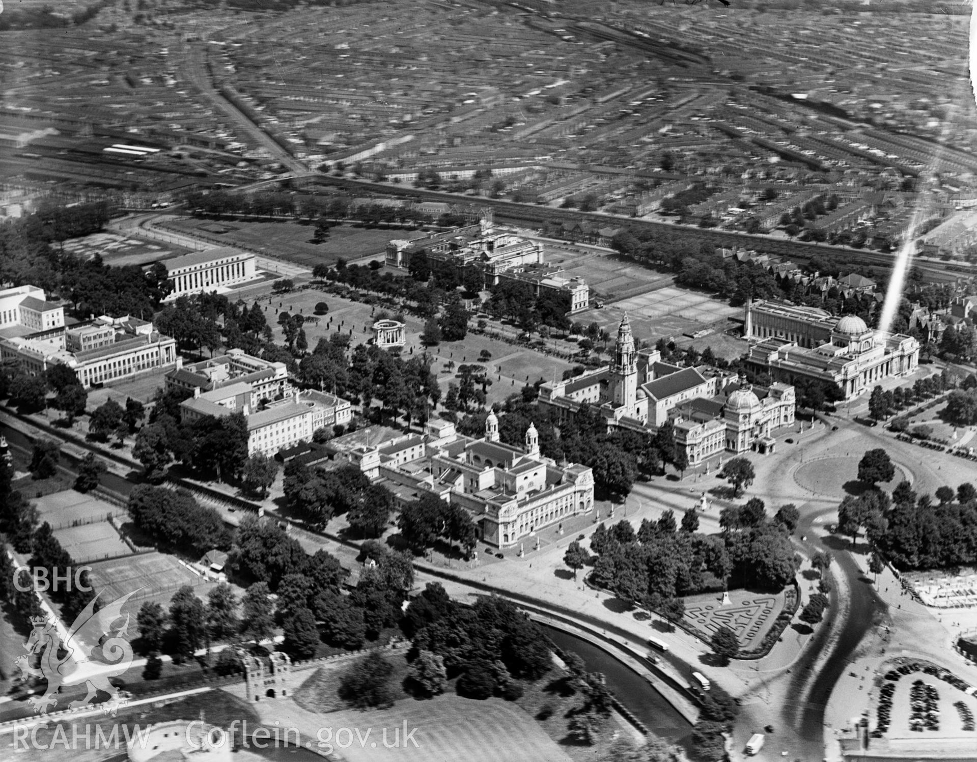 View of Cathays Park, Cardiff showing civic centre and war memorial, oblique aerial view. 5?x4? black and white glass plate negative.