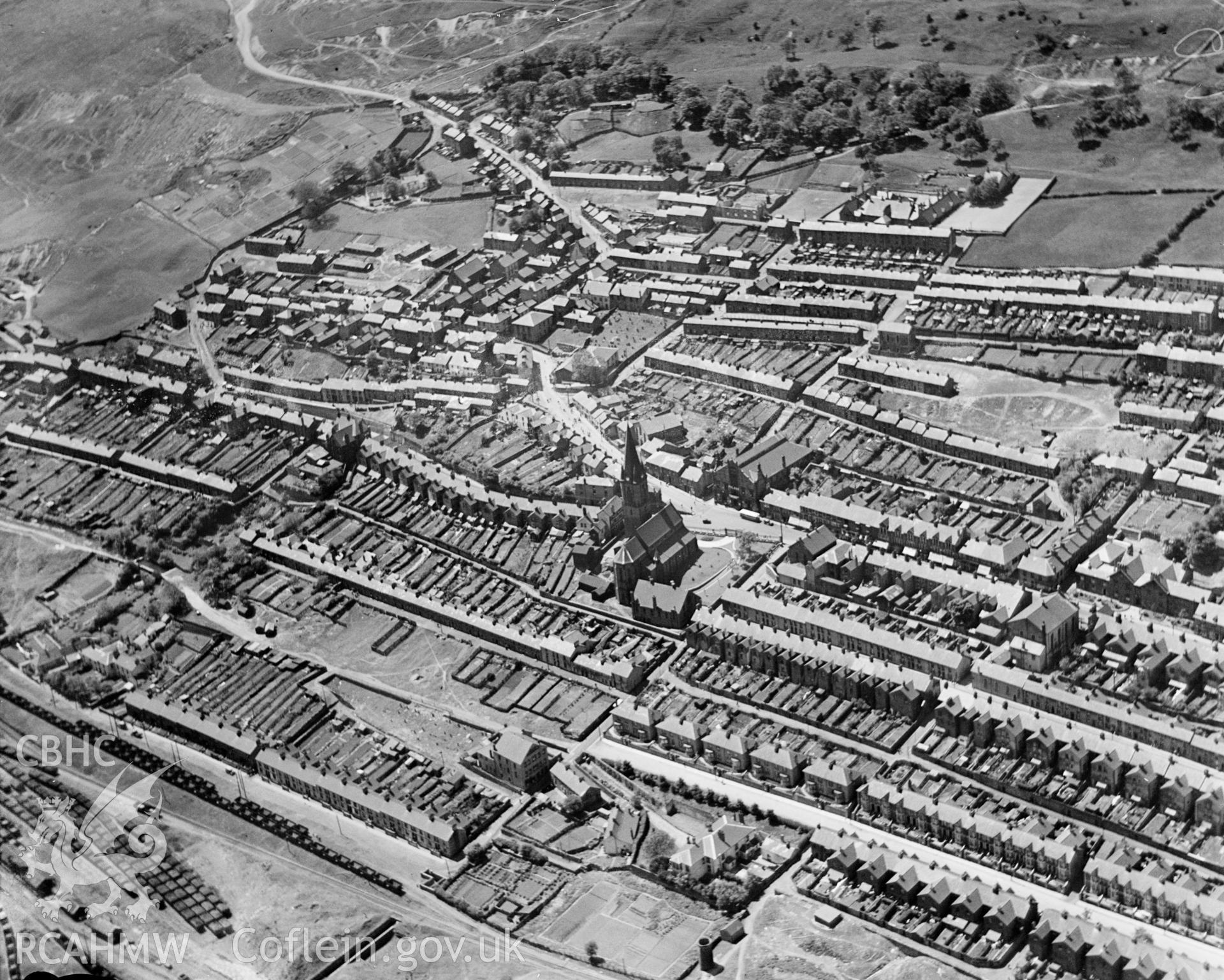 View of Ebbw Vale, showing Christ Church, oblique aerial view. 5?x4? black and white glass plate negative.