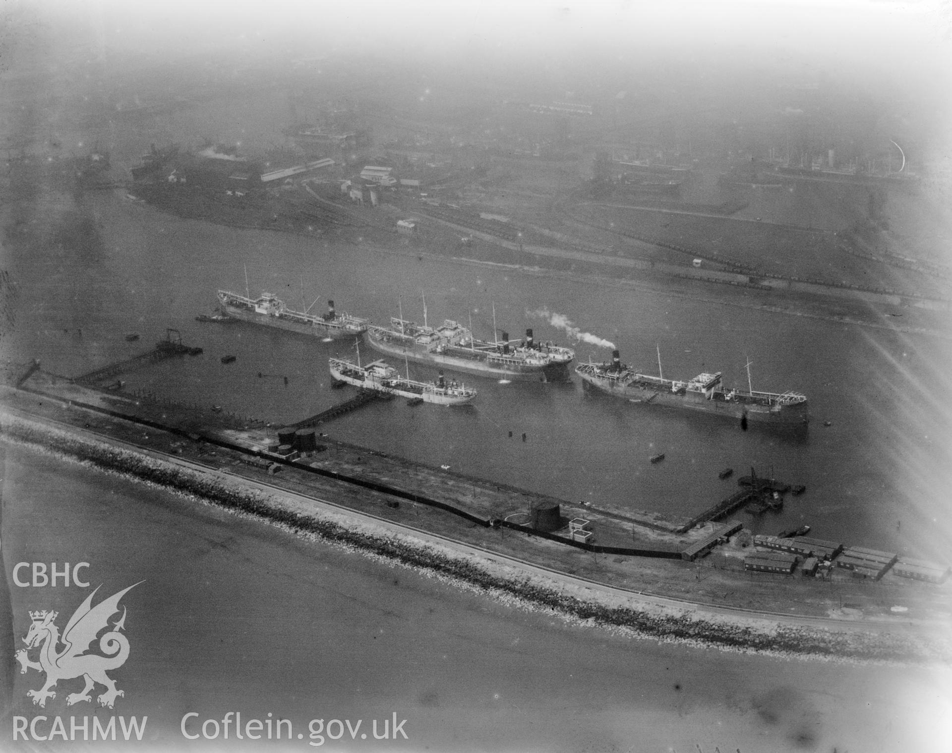 View of ships moored at Queen's Dock, Swansea. Oblique aerial photograph, 5?x4? BW glass plate.