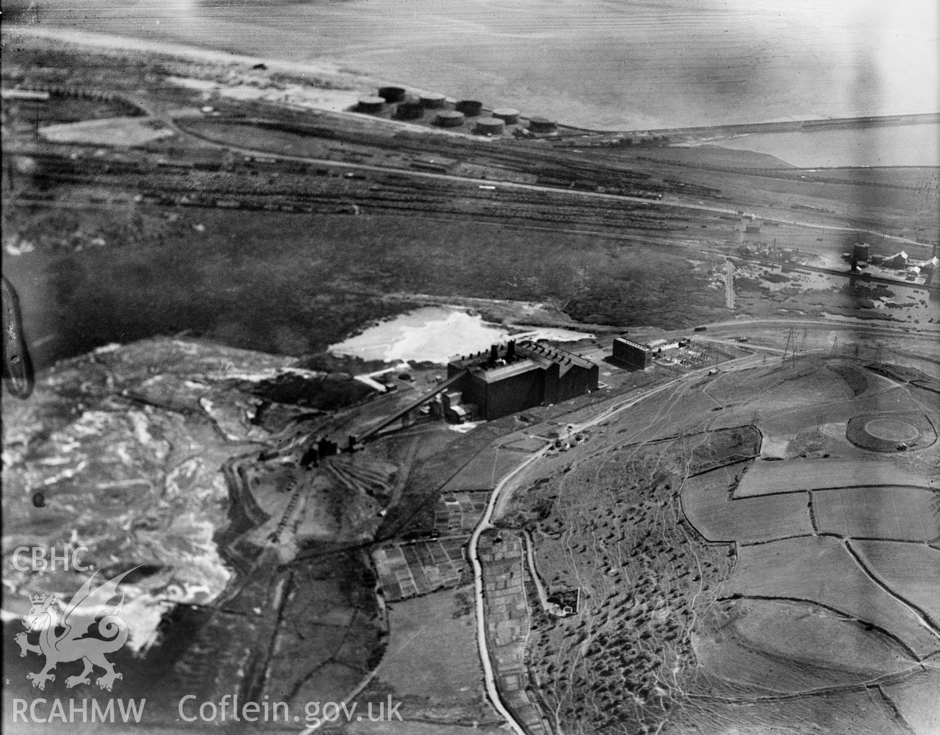 Distant view of Tir John power station, Swansea, oblique aerial view. 5?x4? black and white glass plate negative.