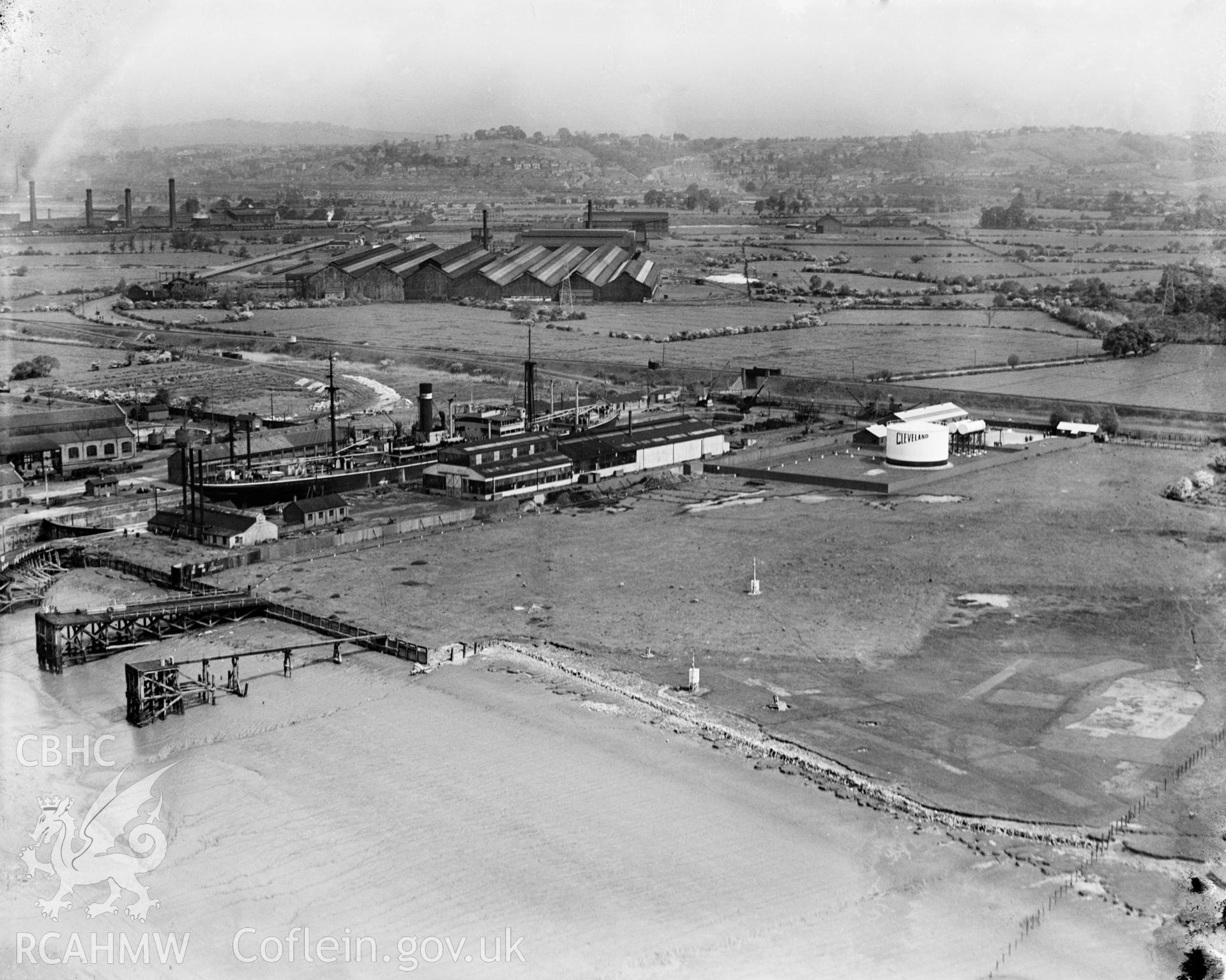 View of Union Dry Docks, Newport, oblique aerial view. 5?x4? black and white glass plate negative.