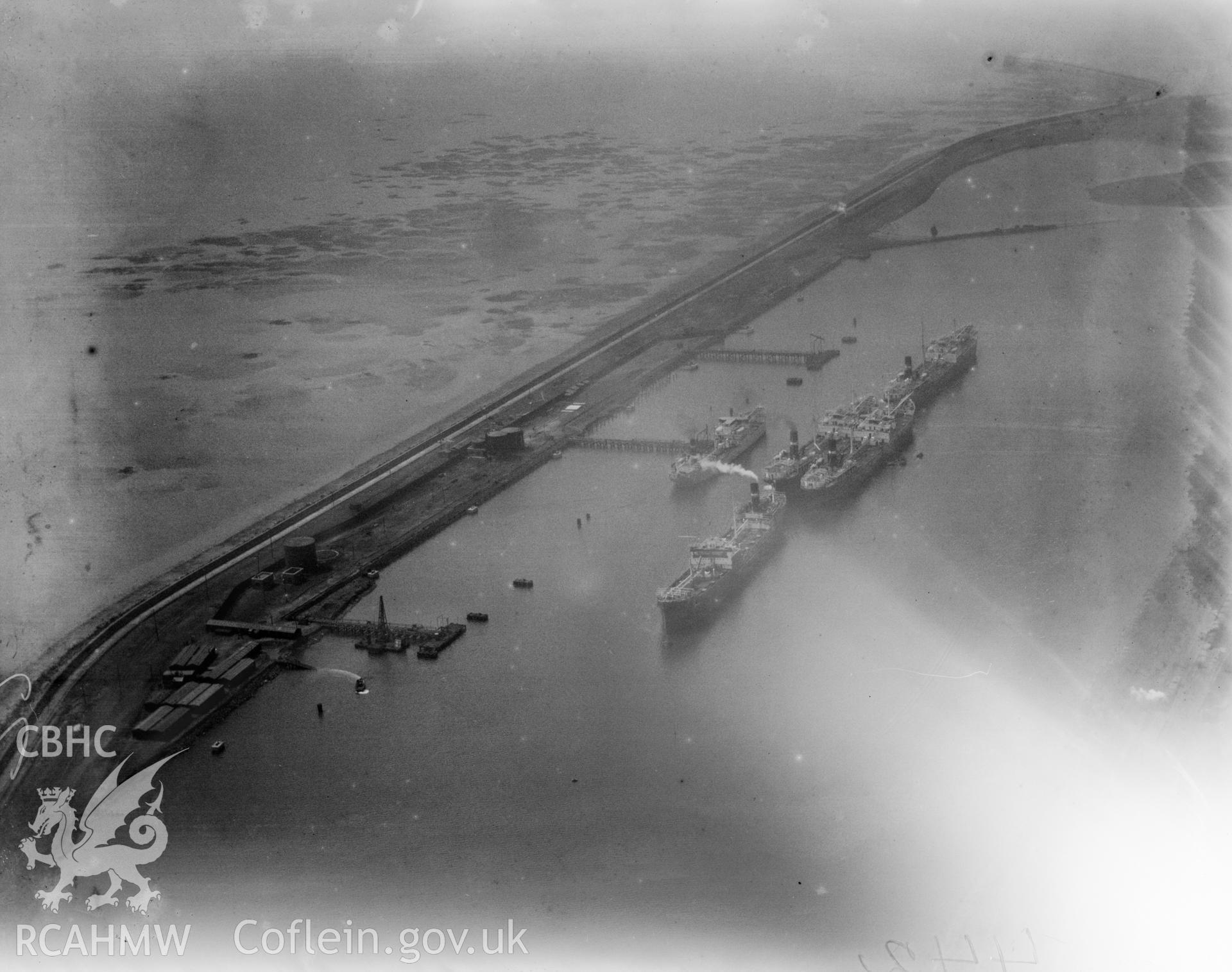 View of ships moored at Queen's Dock, Swansea. Oblique aerial photograph, 5?x4? BW glass plate.