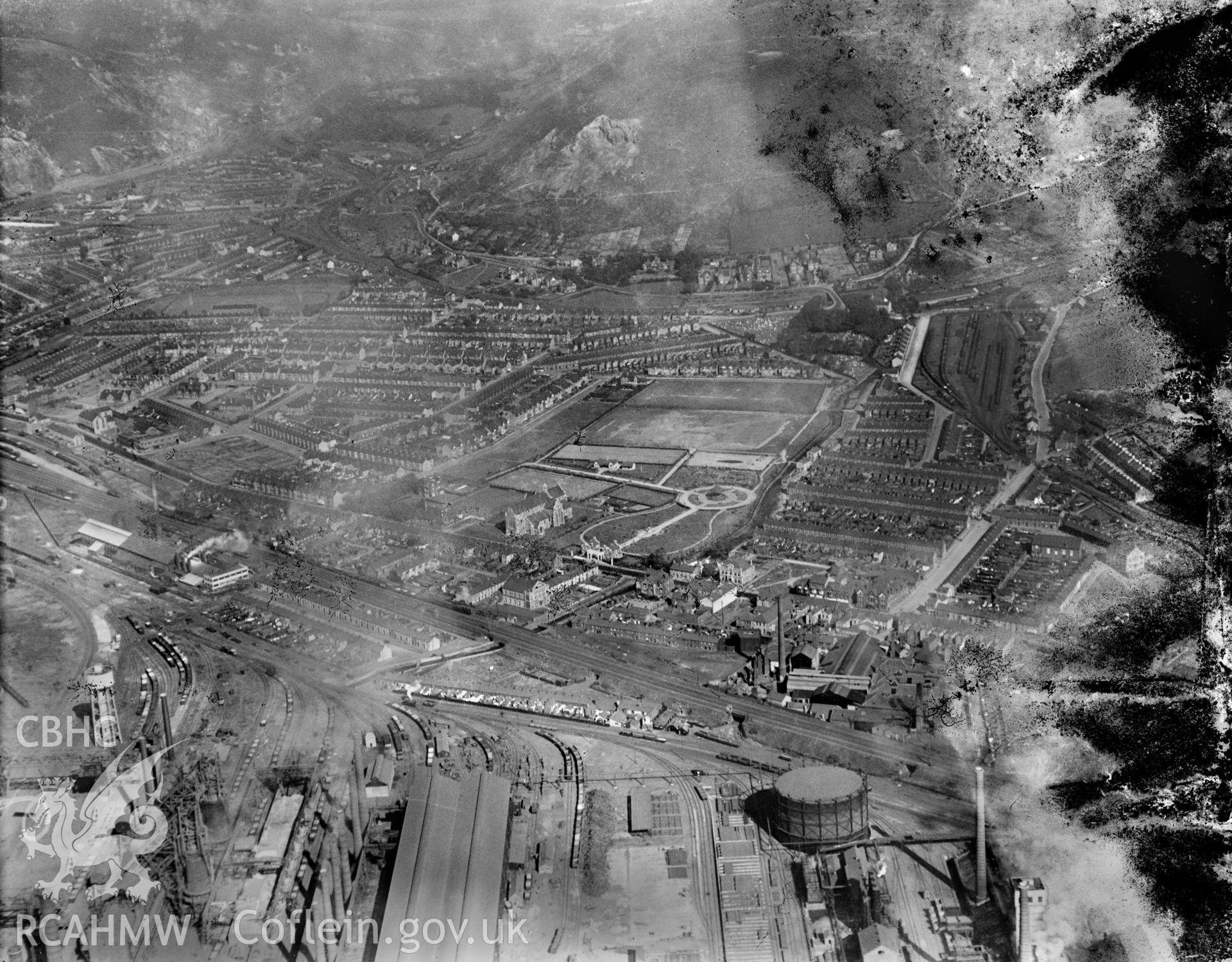 View of Port Talbot Talbot showing the Memorial Park and Margam Iron and Steelworks, oblique aerial view. 5?x4? black and white glass plate negative.