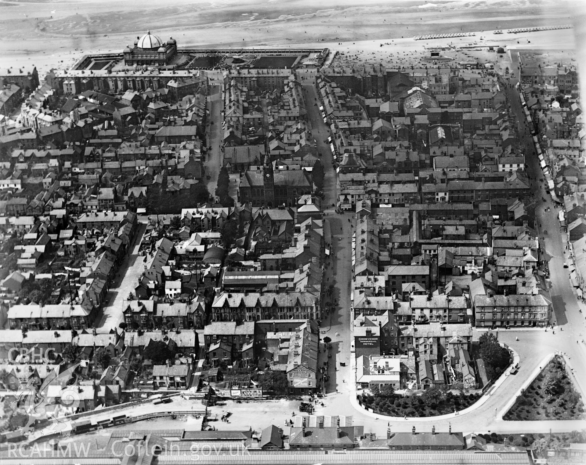 View of Rhyl showing town, oblique aerial view. 5?x4? black and white glass plate negative.