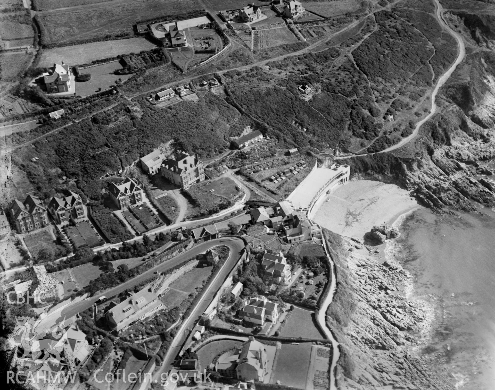 View of Langland Bay and Hotel, Mumbles, oblique aerial view. 5?x4? black and white glass plate negative.