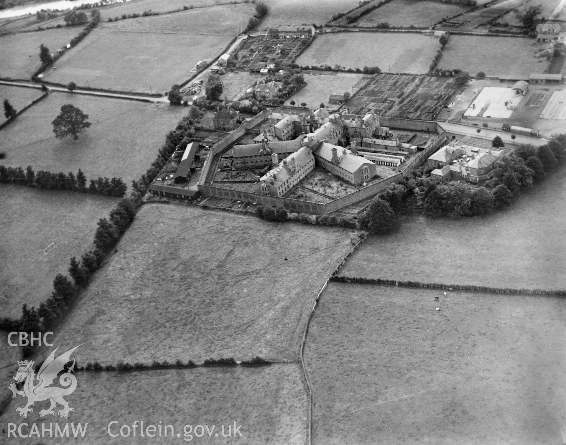 View of Usk Prison, oblique aerial view. 5?x4? black and white glass plate negative.