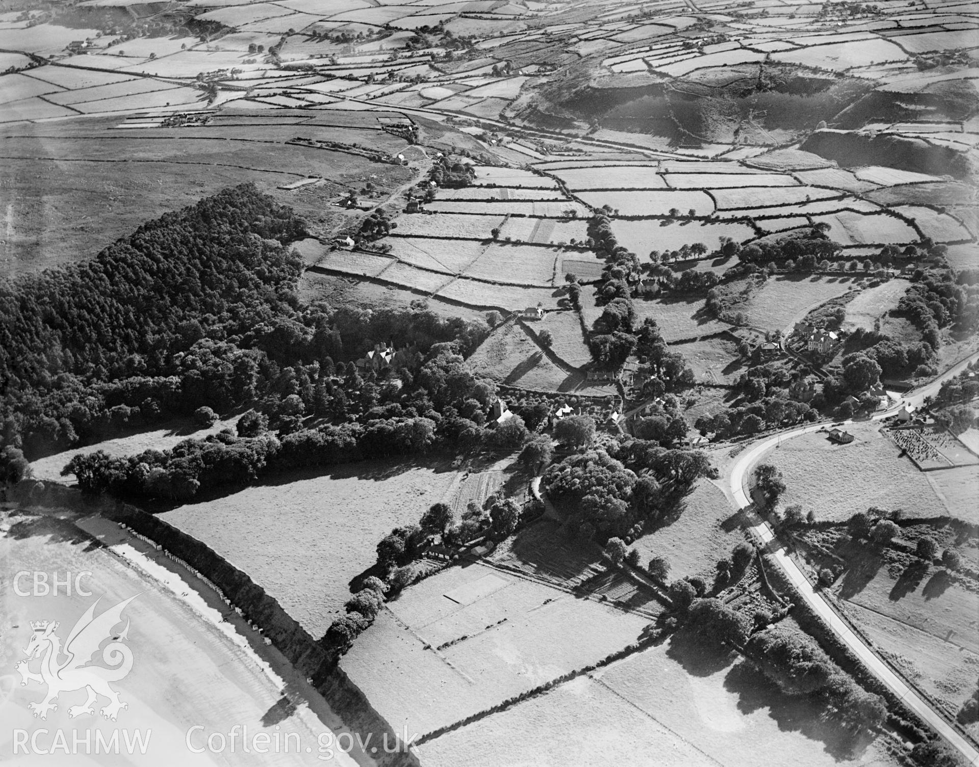 View of landscape near Llanbedrog, oblique aerial view. 5?x4? black and white glass plate negative.