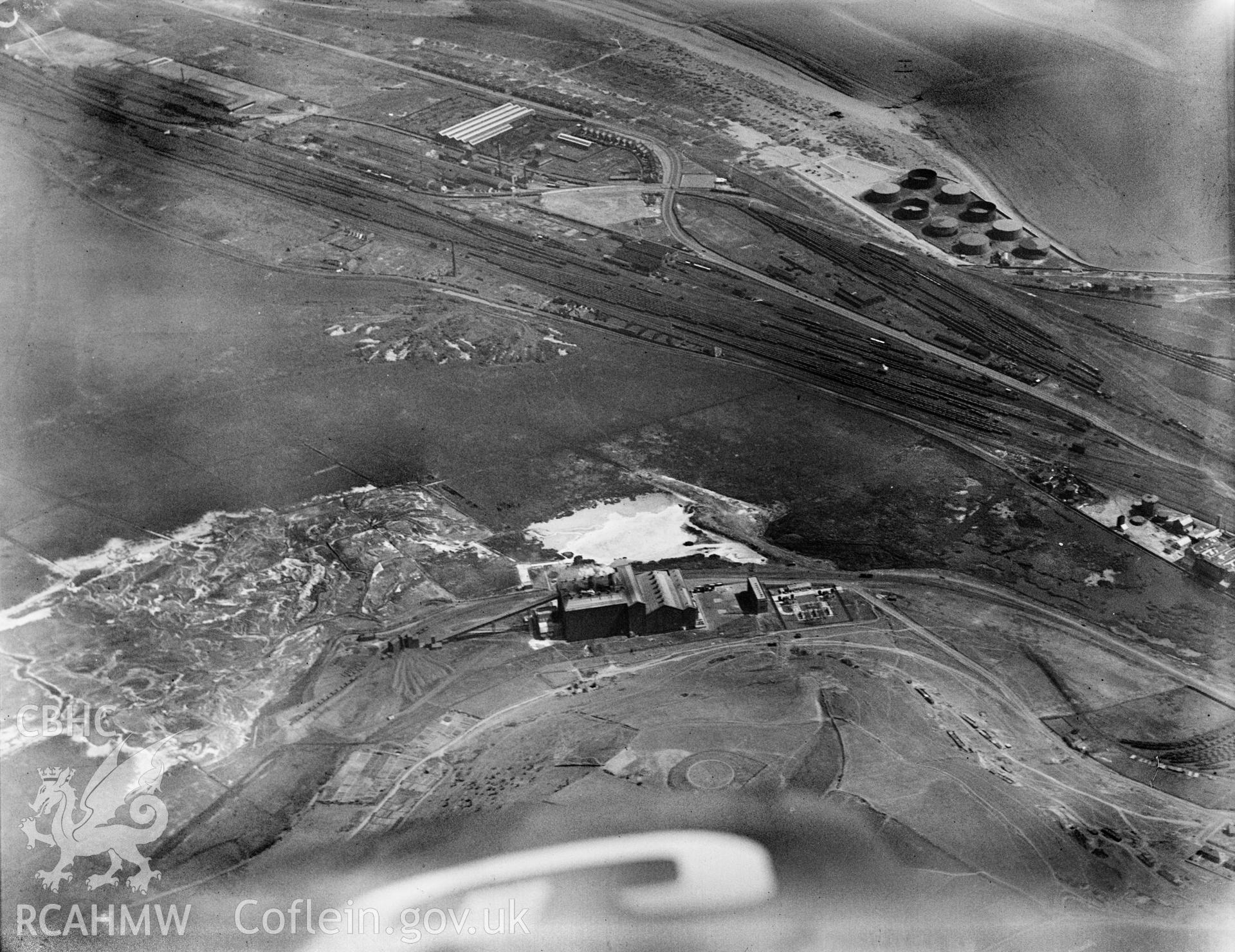 Distant view of Tir John power station, Swansea, oblique aerial view. 5?x4? black and white glass plate negative.