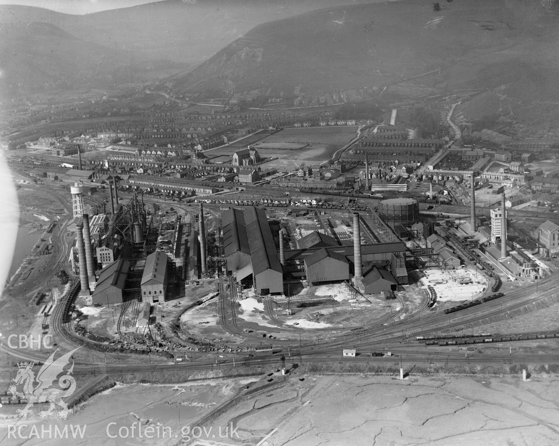 View of Aberavon showing steelworks, oblique aerial view. 5?x4? black and white glass plate negative.