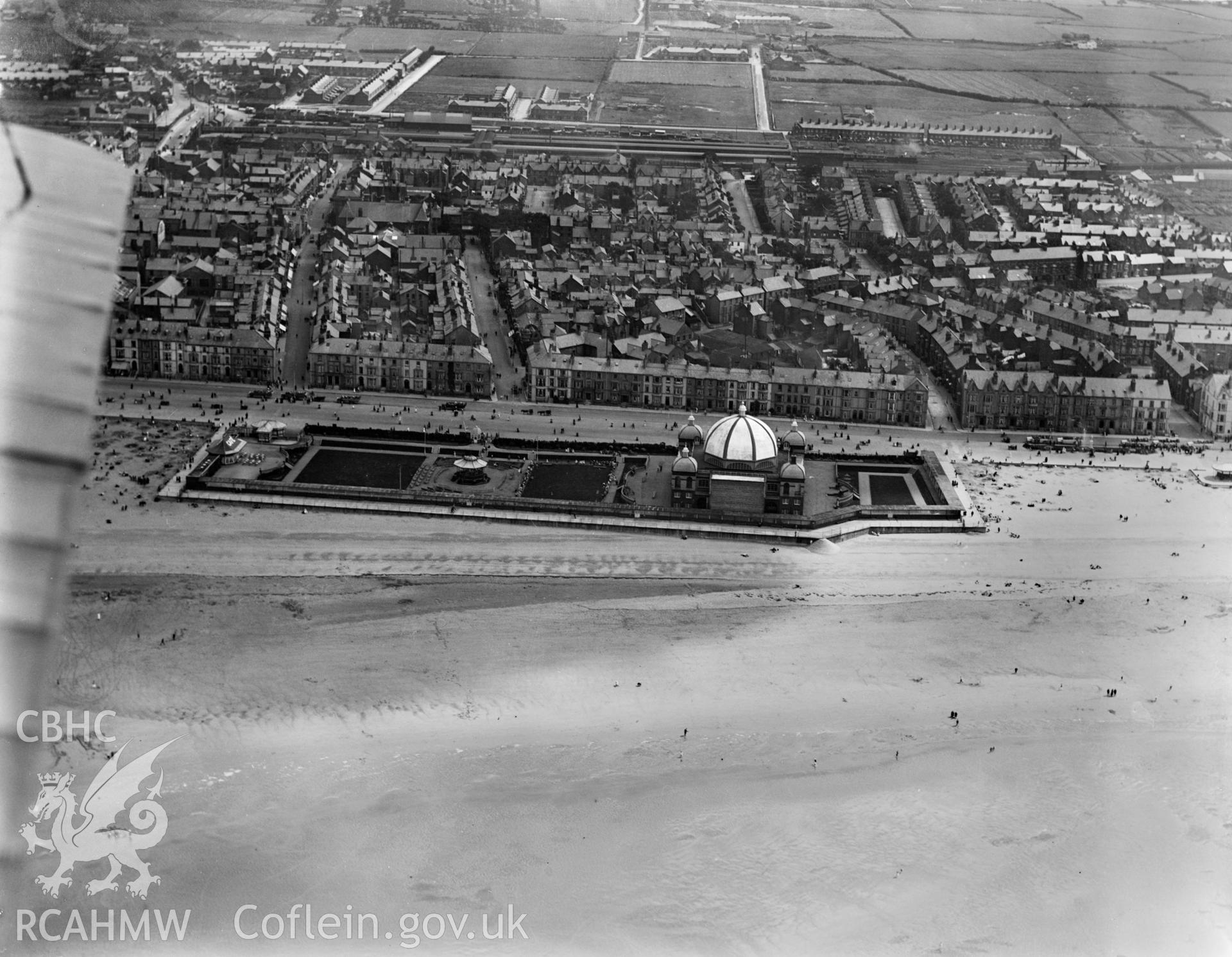 View of Rhyl showing the new pavillion and bandstand complex, oblique aerial view. 5?x4? black and white glass plate negative.