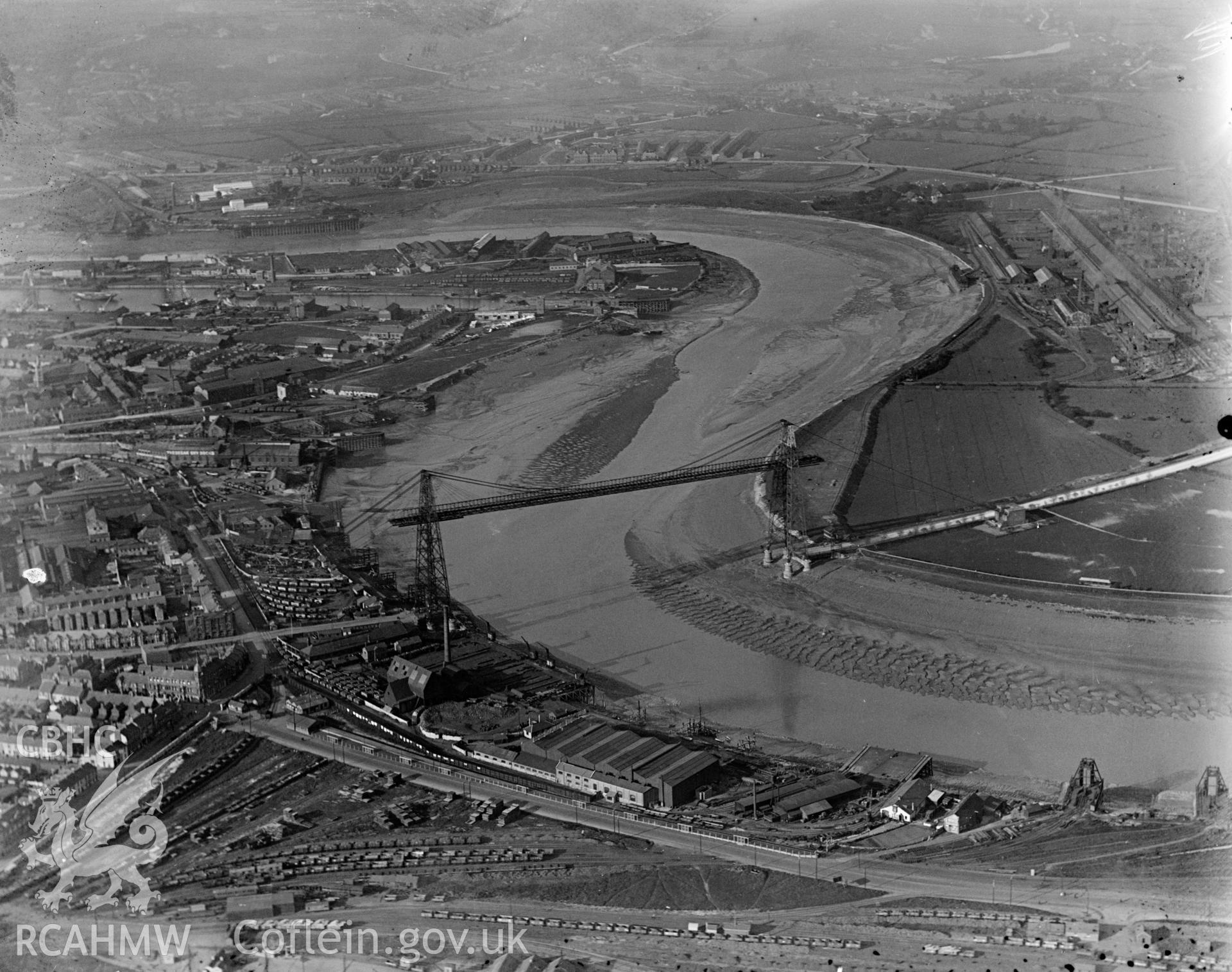 View of Newport Transporter Bridge, oblique aerial view. 5?x4? black and white glass plate negative.