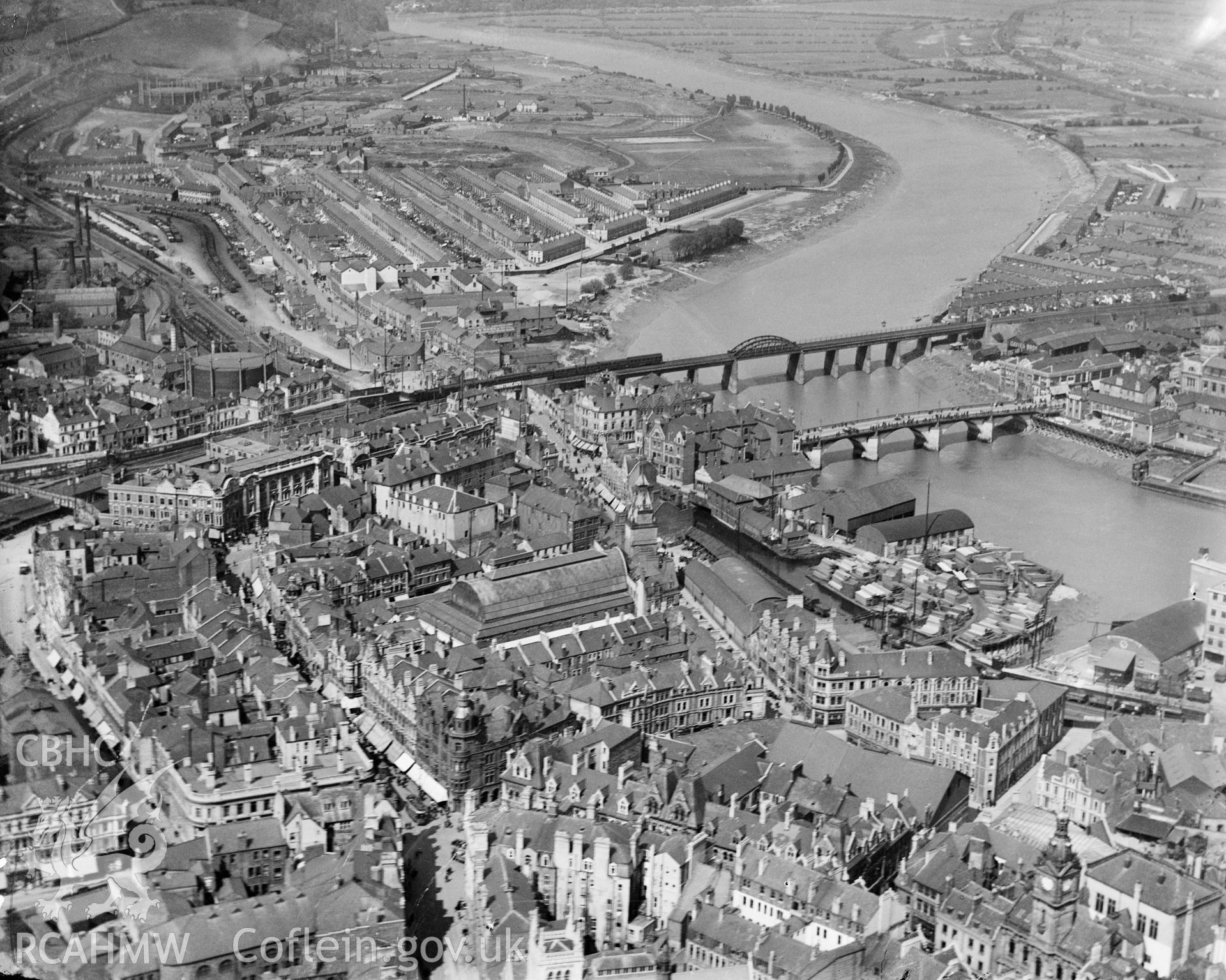 Black and white oblique aerial photograph showing Newport, Gwent, from Aerofilms album Monmouth N-Pe (448), taken by Aerofilms Ltd and dated 1921.