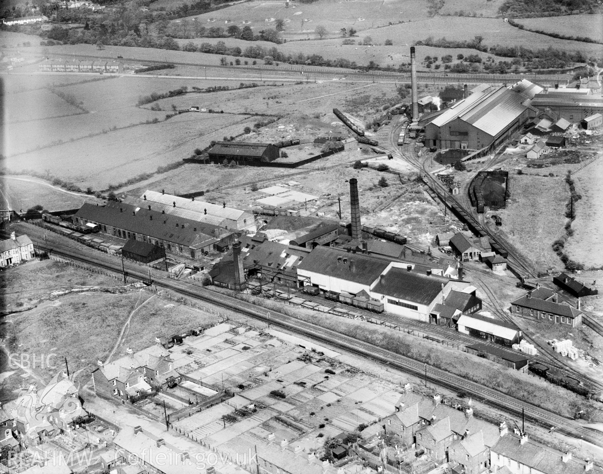 View of Redbrook Tinplate Co., Pontnewydd, oblique aerial view. 5?x4? black and white glass plate negative.