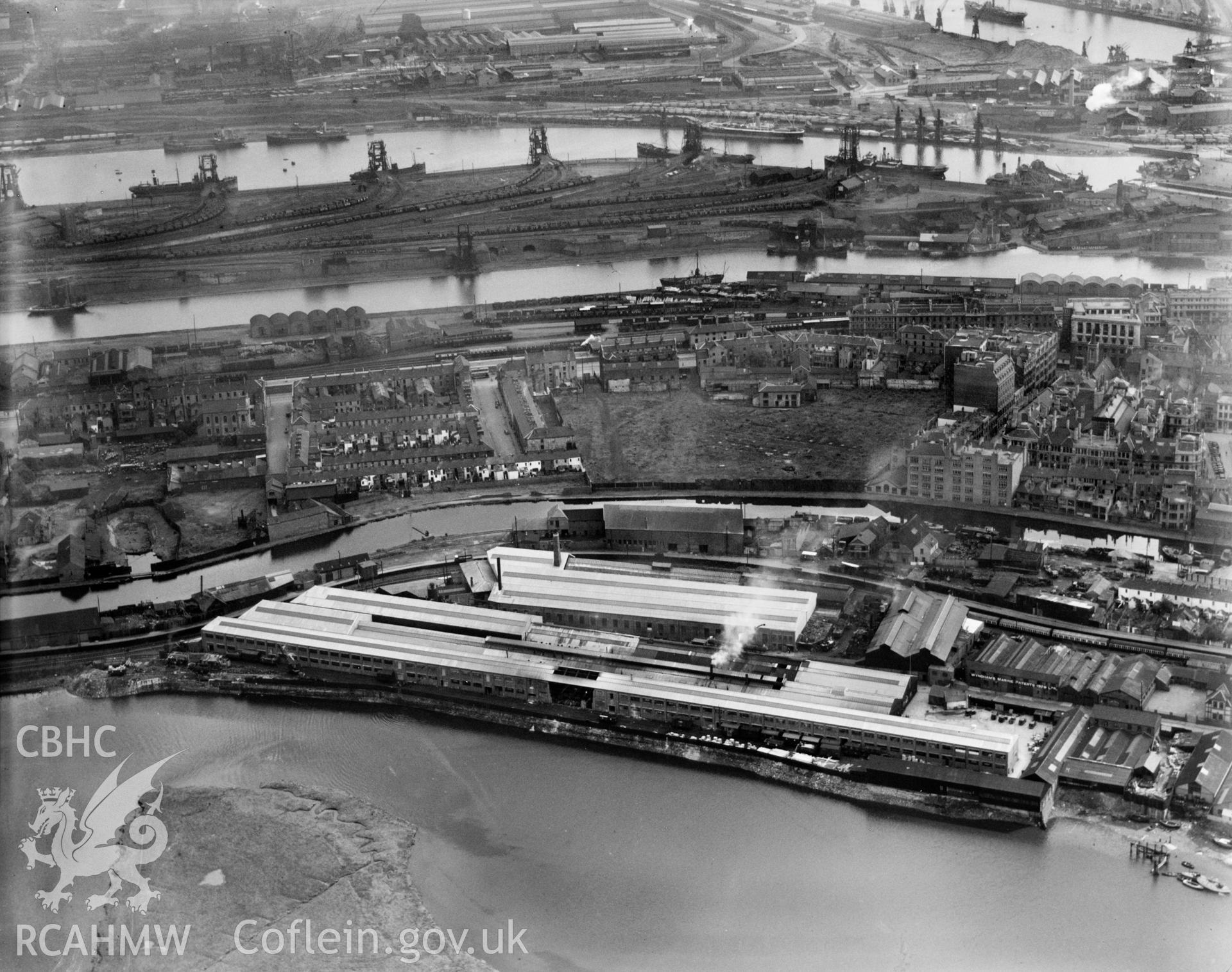 View of Bute Ironworks, Cardiff, oblique aerial view. 5?x4? black and white glass plate negative.