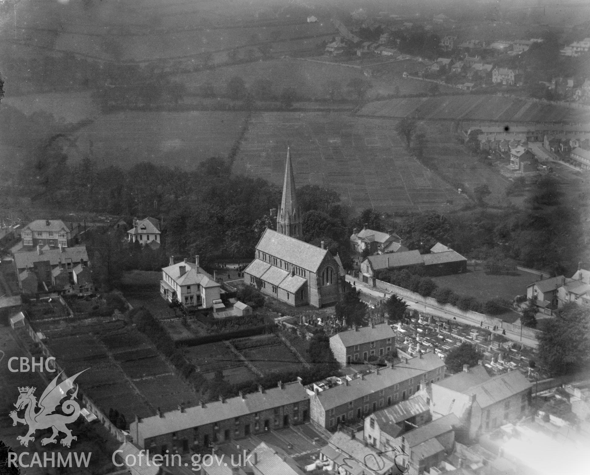 View of Bridgend showing St Mary's Church, oblique aerial view. 5" x 4" black and white glass plate negative.