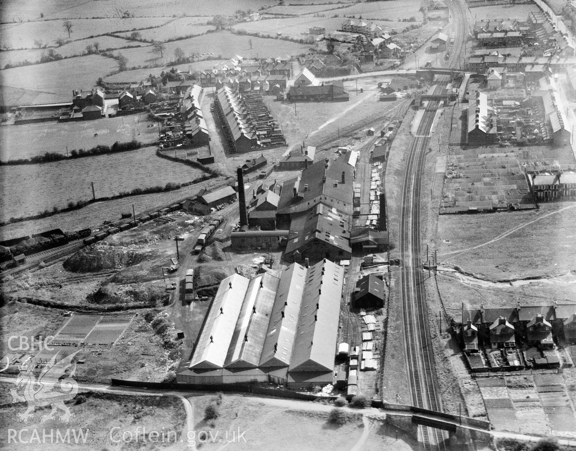 View of Redbrook Tinplate Co., Pontnewydd, oblique aerial view. 5?x4? black and white glass plate negative.