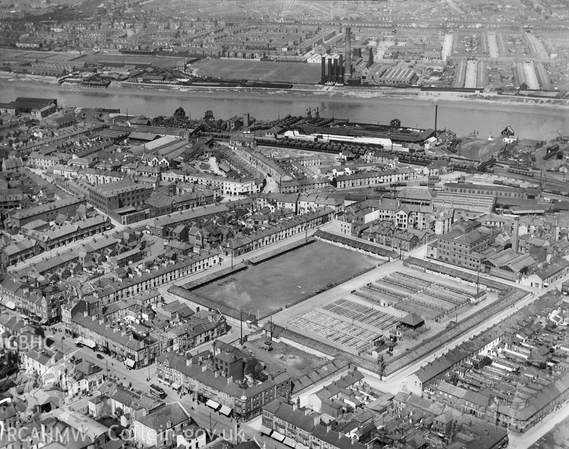 Black and white oblique aerial photograph showing Newport Cattle Market, from Aerofilms album Monmouth N-Pe (448), taken by Aerofilms Ltd and dated 1921.