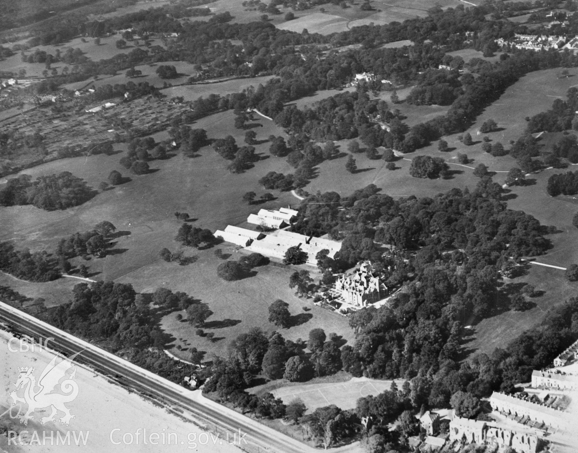 View of Singleton Abbey, Swansea showing early university buildings. Oblique aerial photograph, 5?x4? BW glass plate.