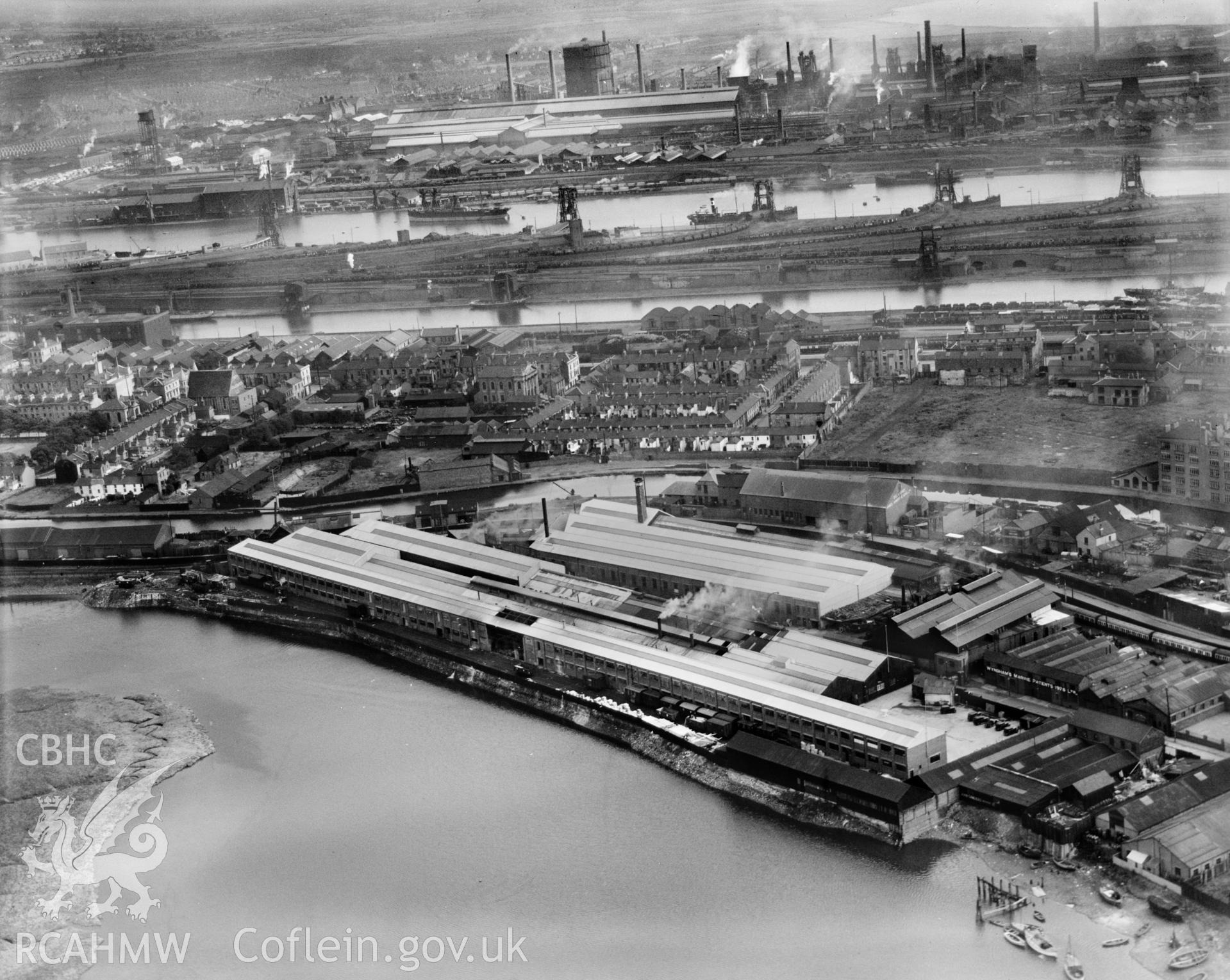 View of Bute Ironworks, Cardiff, showing Hannah Street chapelthe Glamorganshire canal, oblique aerial view. 5?x4? black and white glass plate negative.