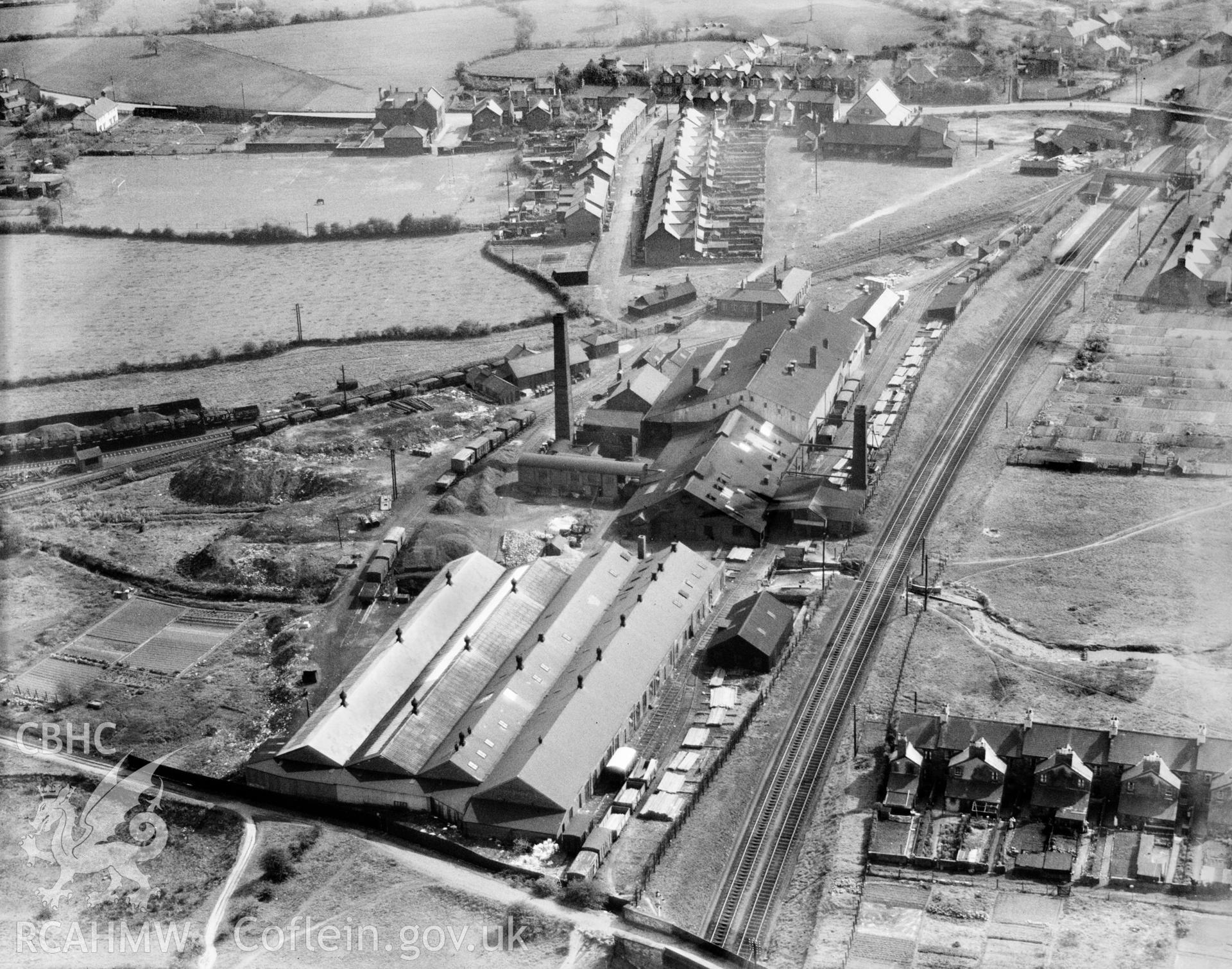 View of Redbrook Tinplate Co., Pontnewydd, oblique aerial view. 5?x4? black and white glass plate negative.