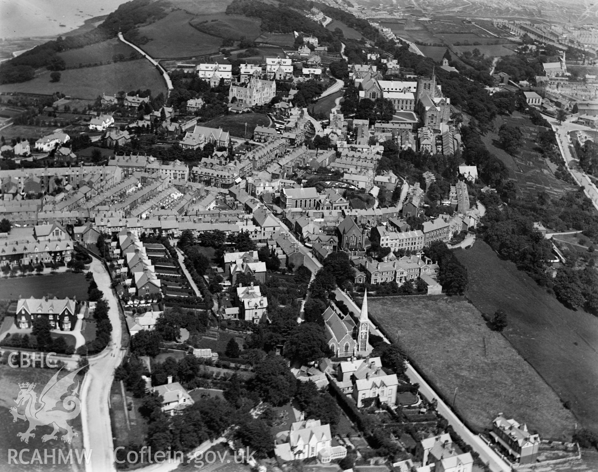 View of Bangor, oblique aerial view. 5?x4? black and white glass plate negative.