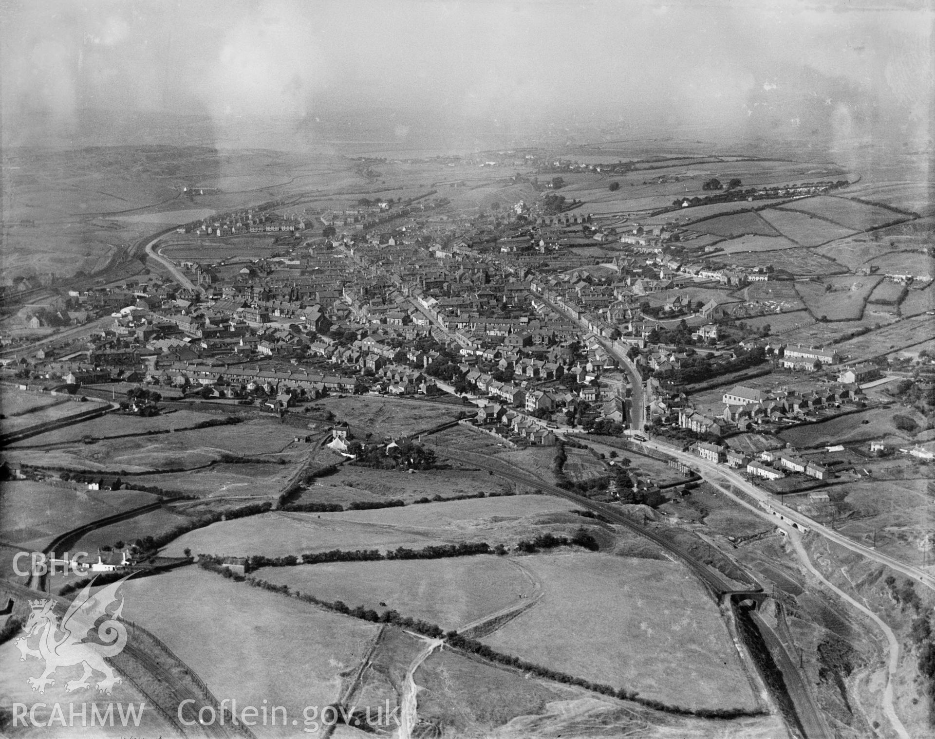 General view of Brynmawr, oblique aerial view. 5?x4? black and white glass plate negative.