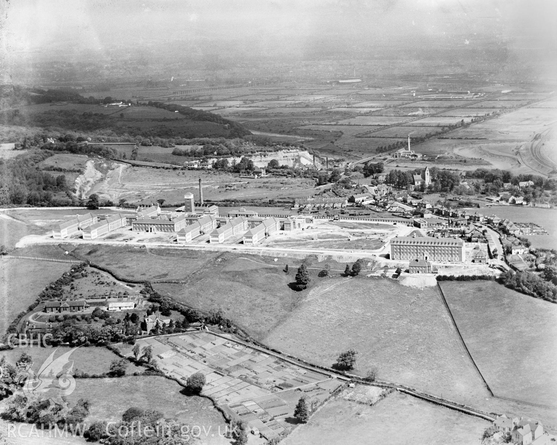 View of construction of Llandough Hospital, Penarth, oblique aerial view. 5?x4? black and white glass plate negative.