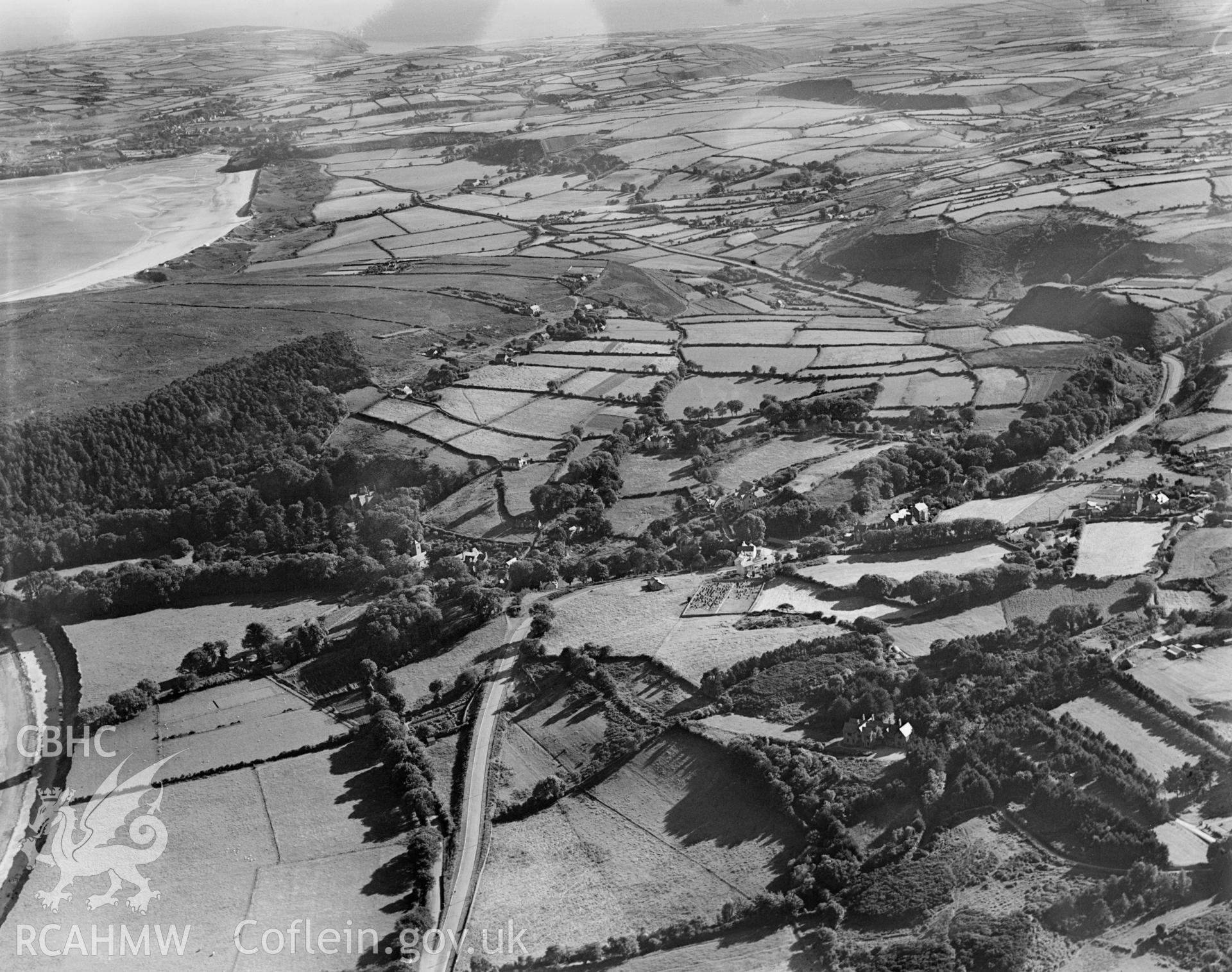 View of landscape near Llanbedrog, oblique aerial view. 5?x4? black and white glass plate negative.